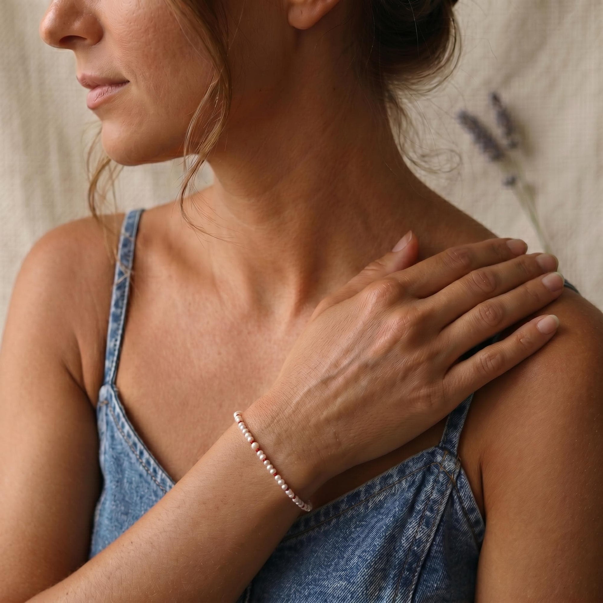 Freshwater Pearl Bracelet on Red Silk, Hand Knotted Tiny Pearls, Gold Filled, Dainty Layering Bracelet, Gift for Her