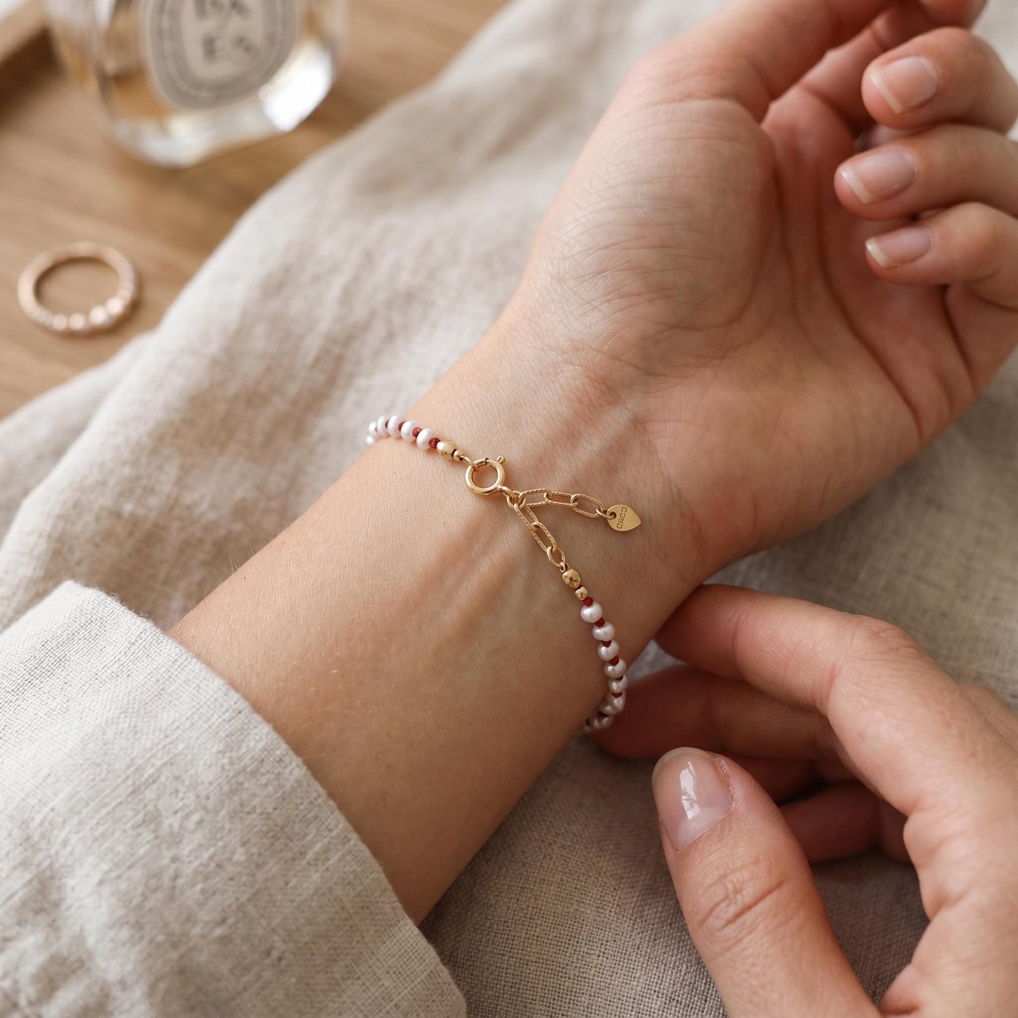 Freshwater Pearl Bracelet on Red Silk, Hand Knotted Tiny Pearls, Gold Filled, Dainty Layering Bracelet, Gift for Her