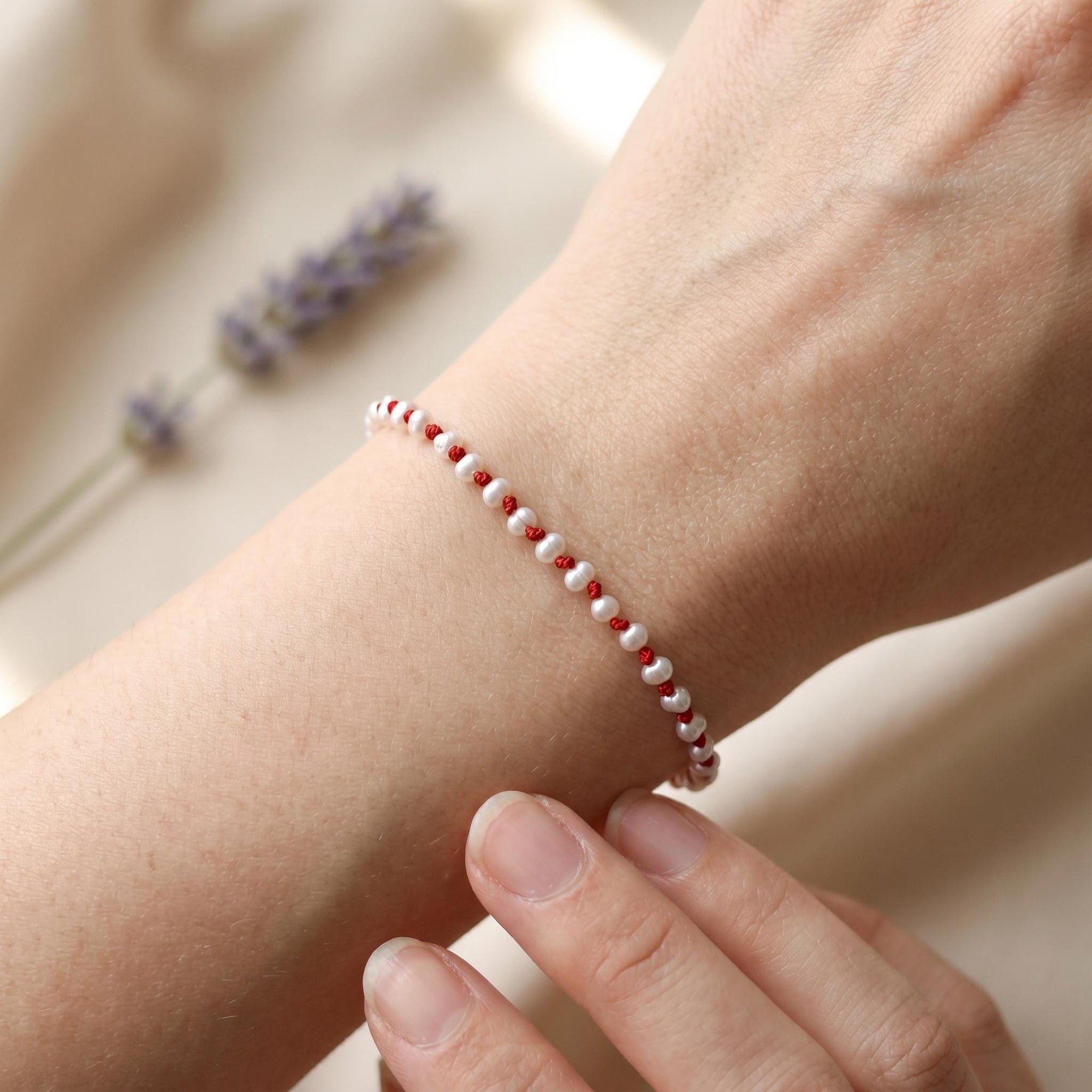 Freshwater Pearl Bracelet on Red Silk, Hand Knotted Tiny Pearls, Gold Filled, Dainty Layering Bracelet, Gift for Her