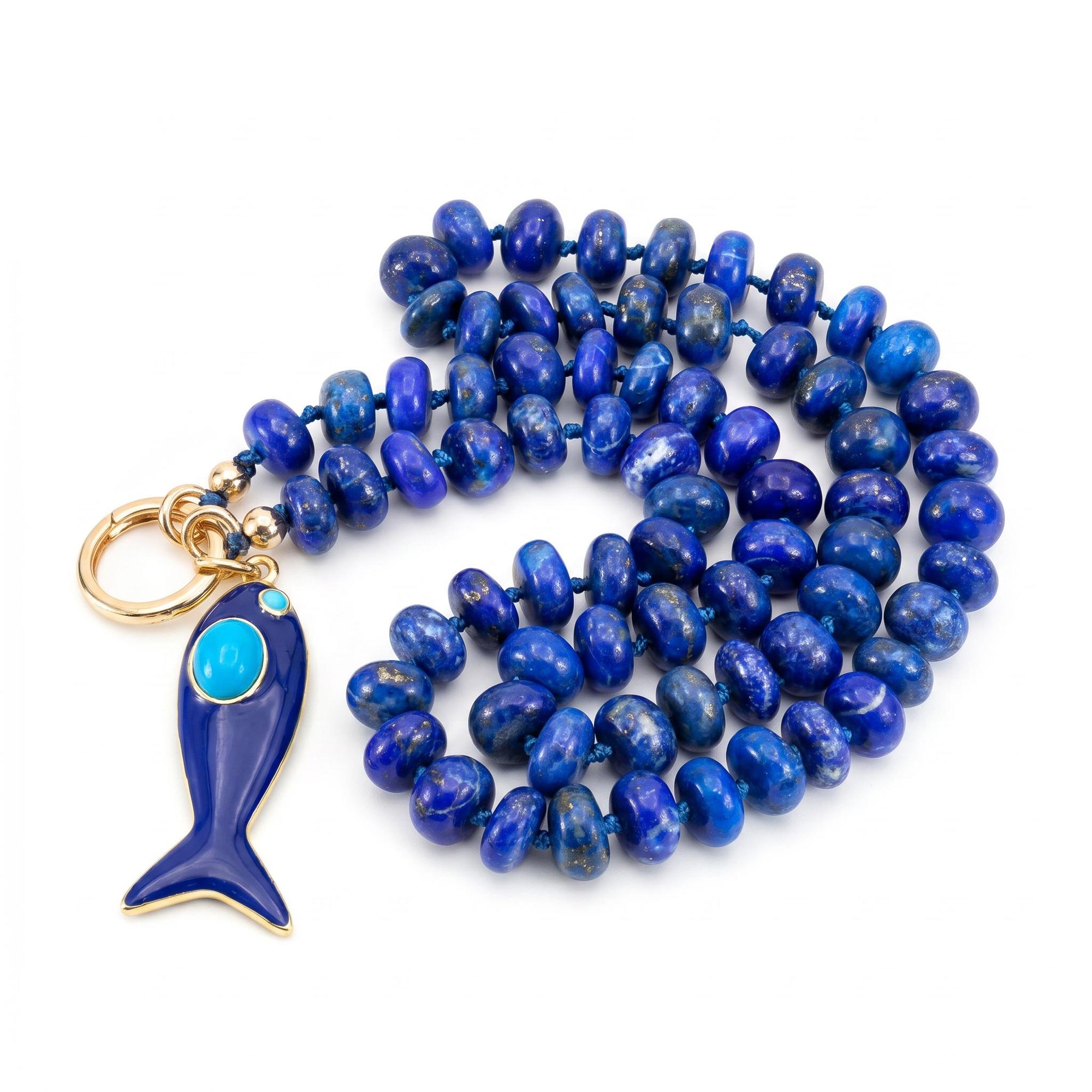 Lapis Lazuli Necklace, Silk Hand Knotted Gemstone Strand with Gold Filled Charm Holder Clasp, 18 Inch
