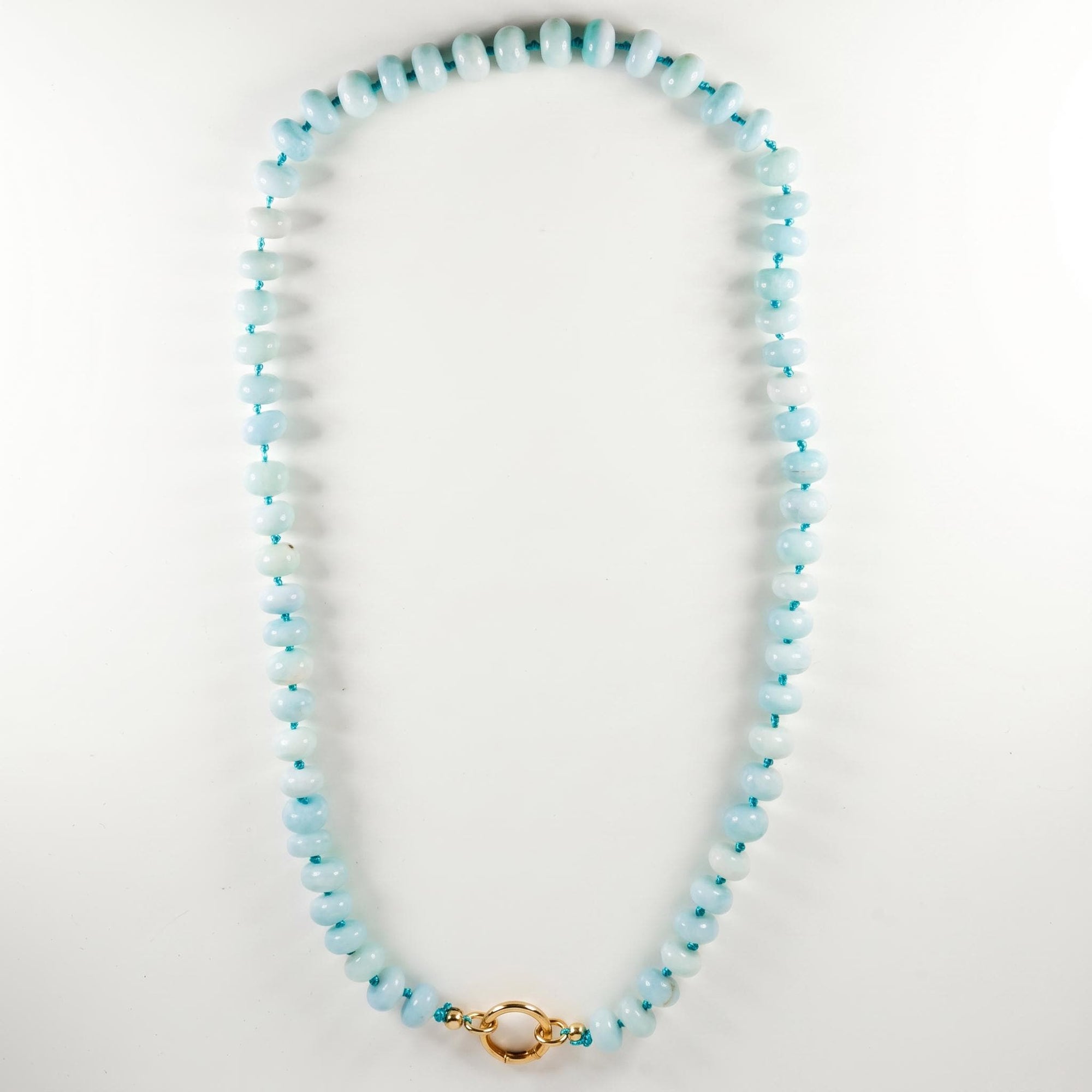 Blue Opal Gemstone Necklace, Rondelle Beads on Silk, Hand Knotted Strand with Gold Filled Charm Holder