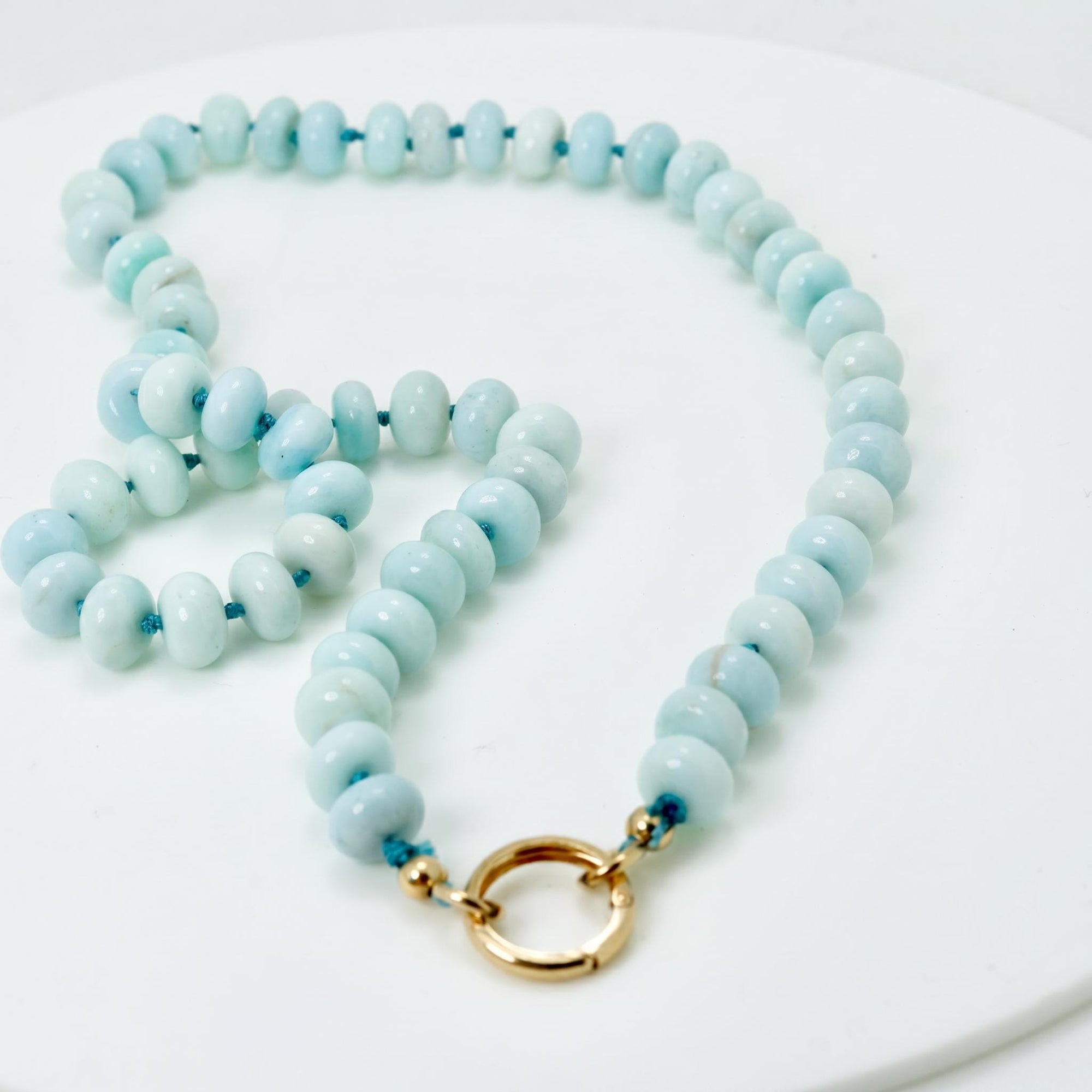 Blue Opal Gemstone Necklace, Rondelle Beads on Silk, Hand Knotted Strand with Gold Filled Charm Holder