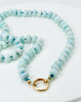 Blue Opal Gemstone Necklace, Rondelle Beads on Silk, Hand Knotted Strand with Gold Filled Charm Holder