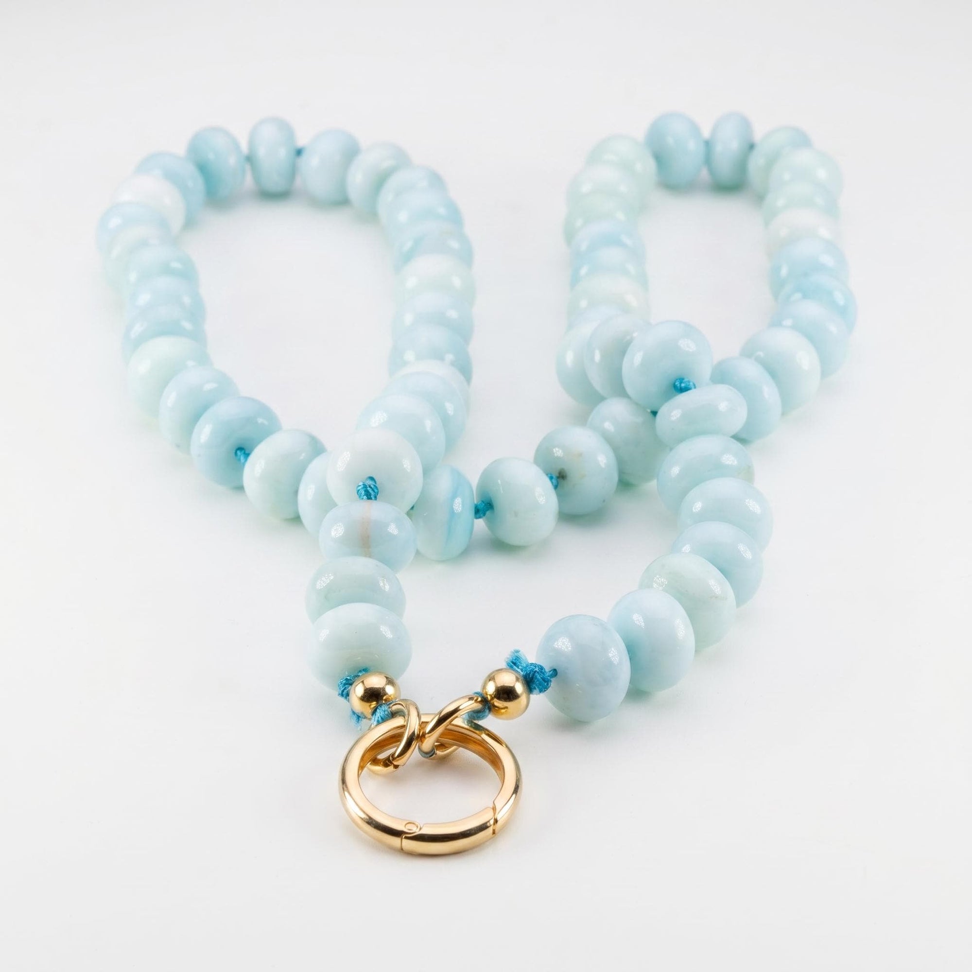 Blue Opal Gemstone Necklace, Rondelle Beads on Silk, Hand Knotted Strand with Gold Filled Charm Holder