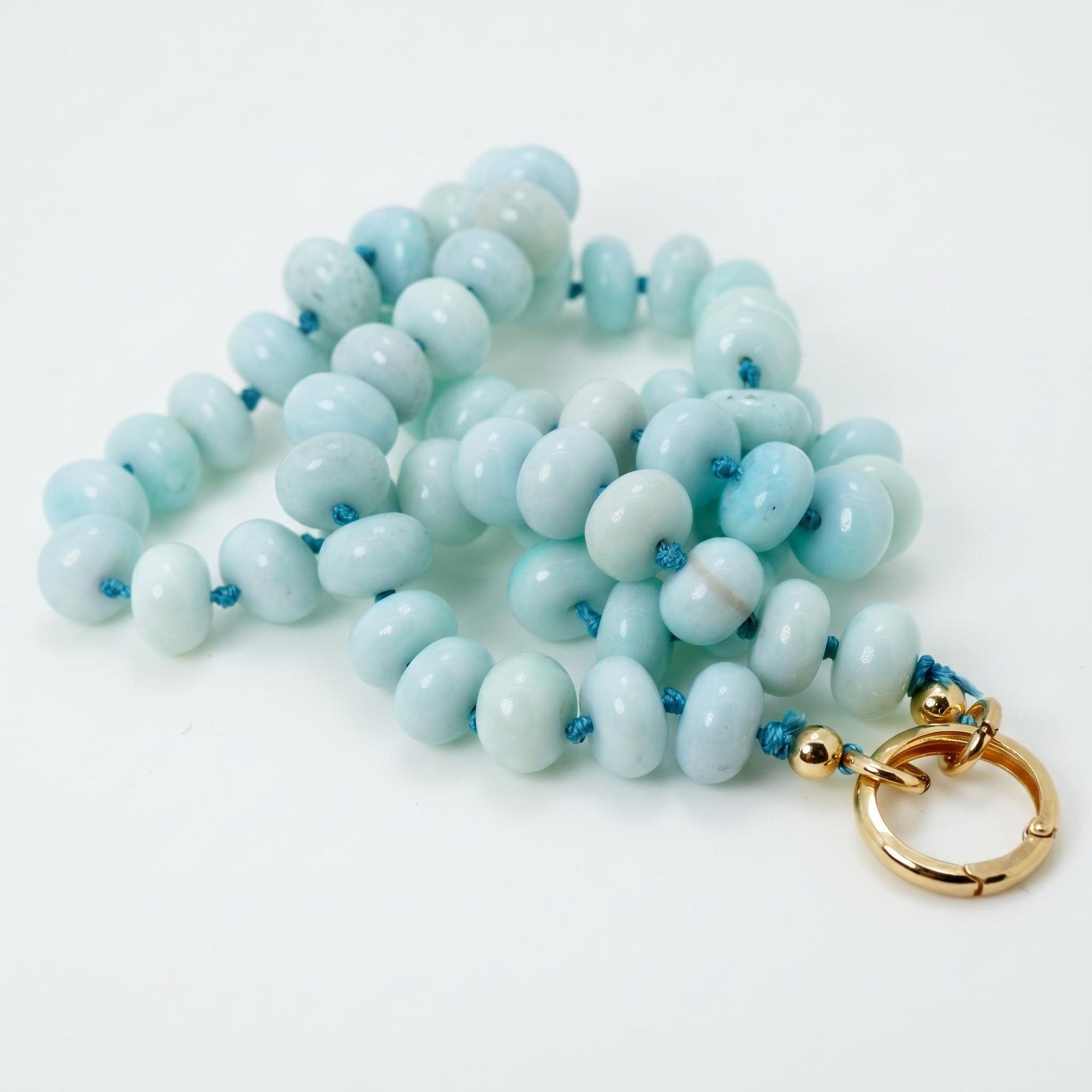 Blue Opal Gemstone Necklace, Rondelle Beads on Silk, Hand Knotted Strand with Gold Filled Charm Holder