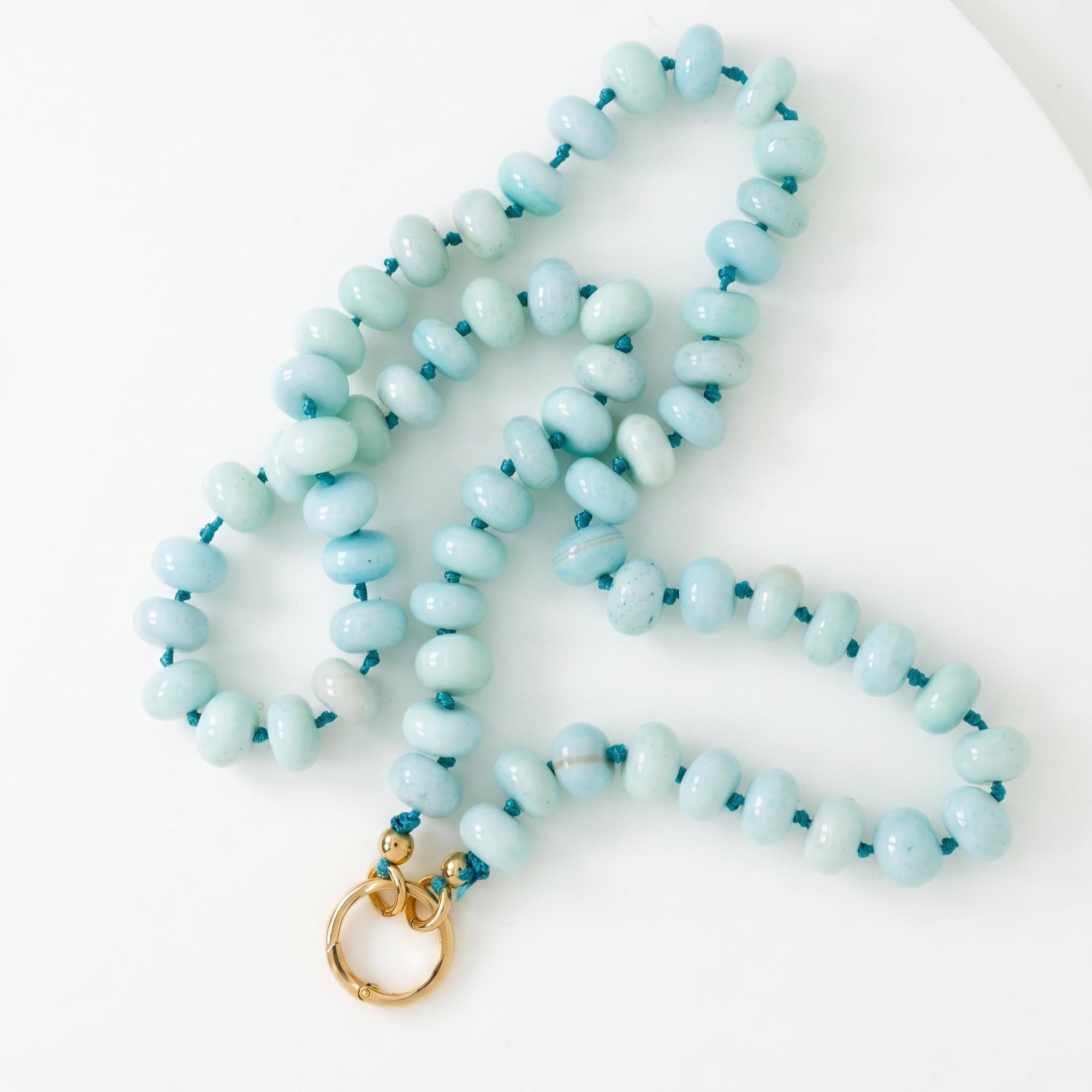 Blue Opal Gemstone Necklace, Rondelle Beads on Silk, Hand Knotted Strand with Gold Filled Charm Holder
