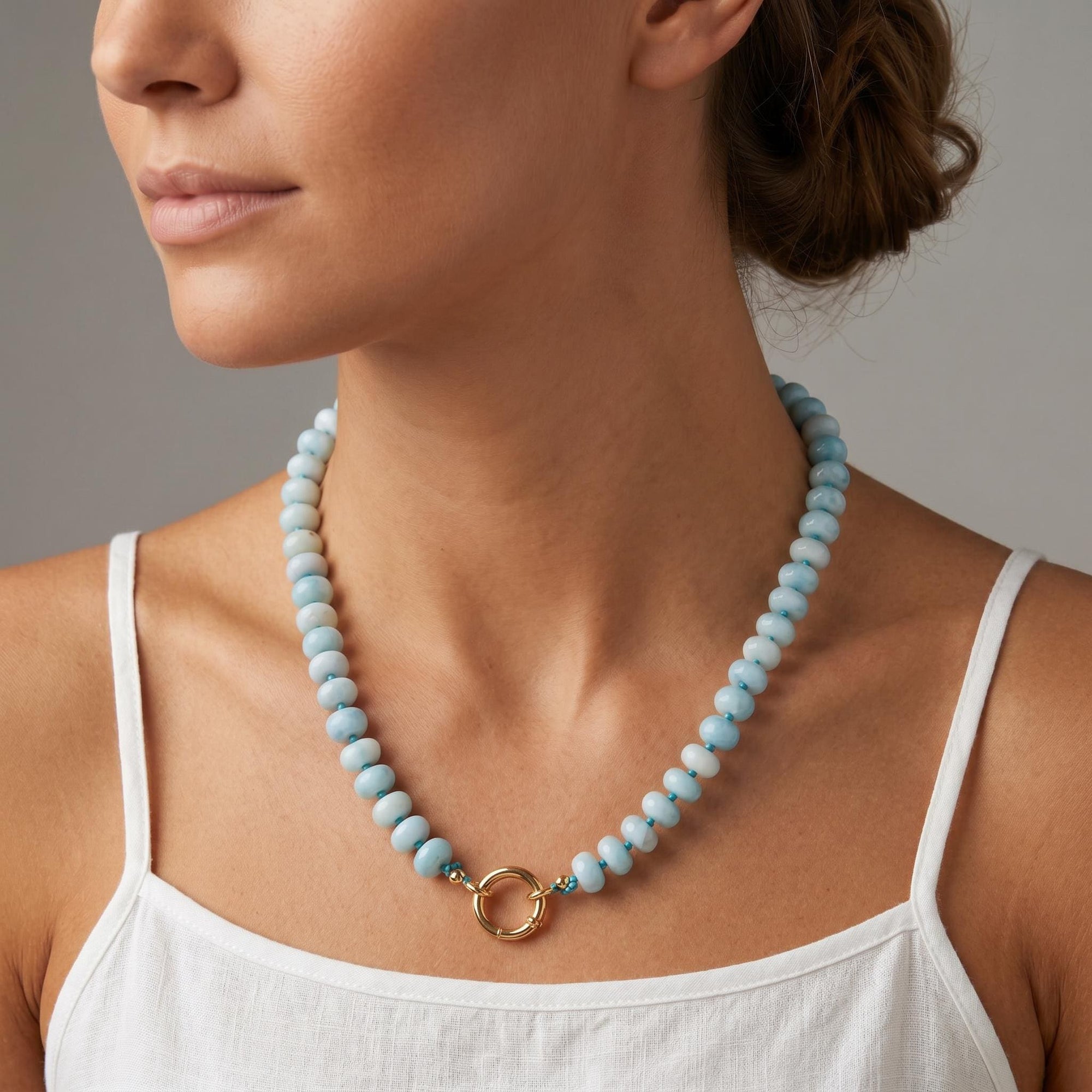 Blue Opal Gemstone Necklace, Rondelle Beads on Silk, Hand Knotted Strand with Gold Filled Charm Holder
