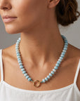 Blue Opal Gemstone Necklace, Rondelle Beads on Silk, Hand Knotted Strand with Gold Filled Charm Holder