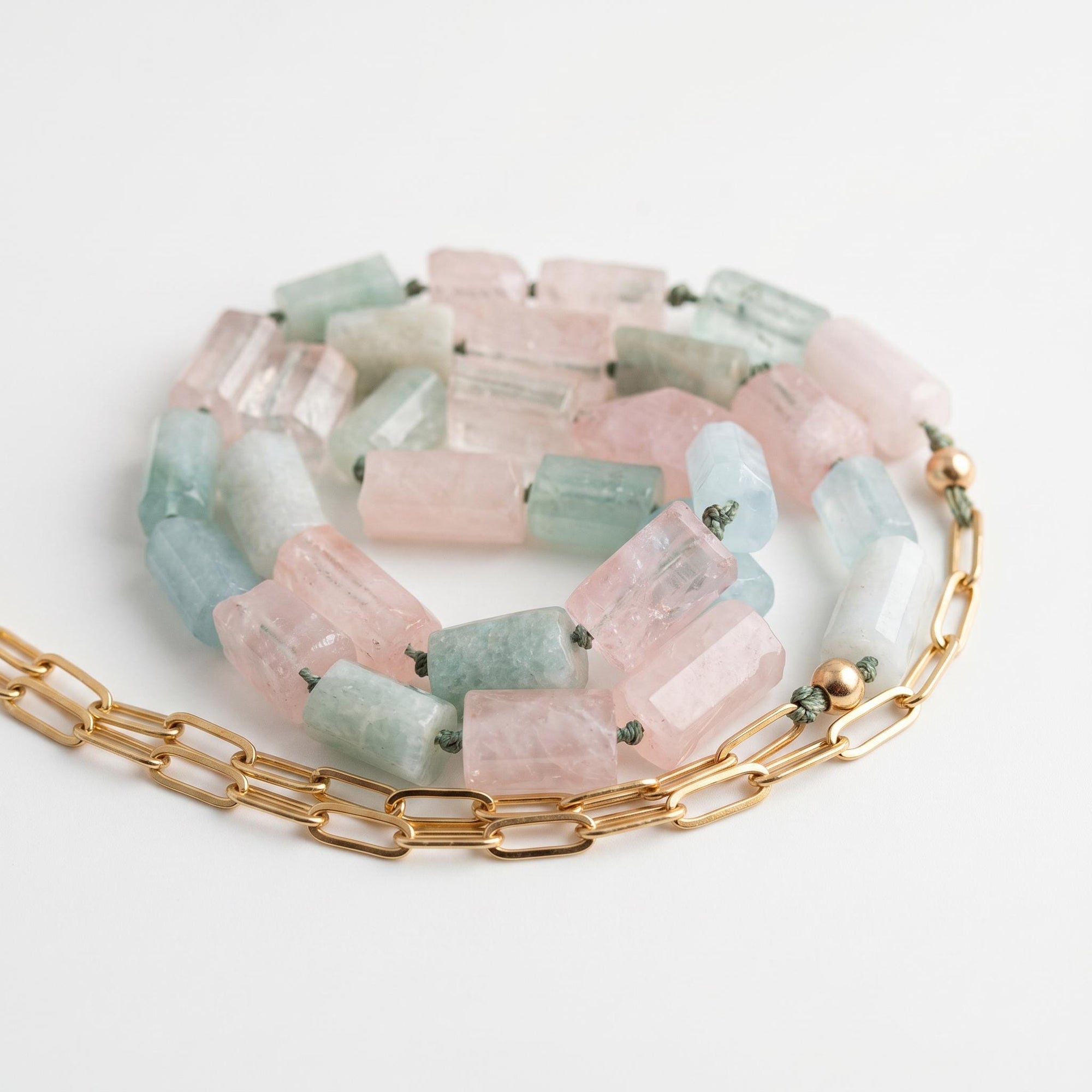 Natural Morganite Tube Necklace, 10x6mm Hand Knotted on Silk, Gold Filled Paperclip Chain, Adjustable Pastel Gemstone Necklace