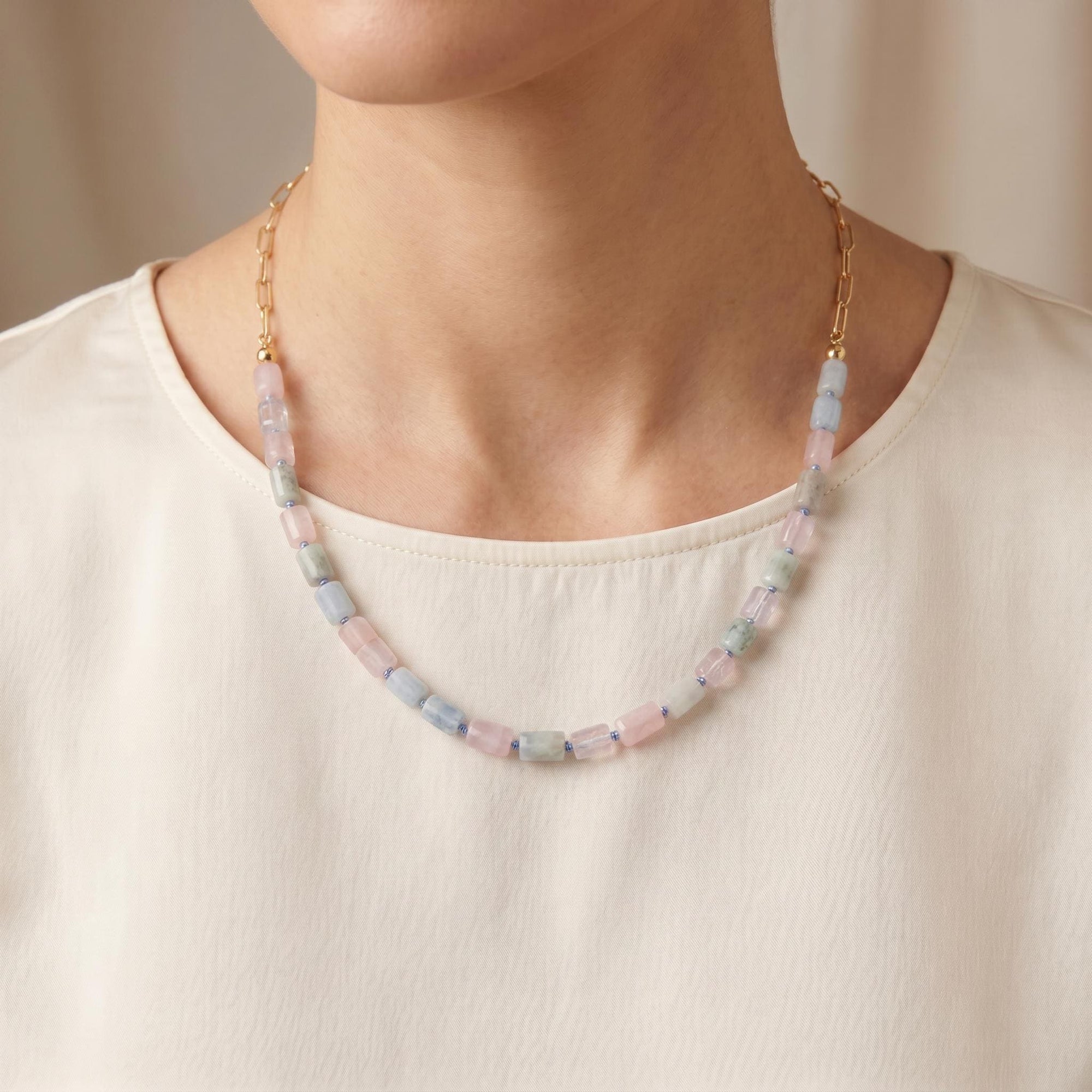Natural Morganite Tube Necklace, 10x6mm Hand Knotted on Silk, Gold Filled Paperclip Chain, Adjustable Pastel Gemstone Necklace
