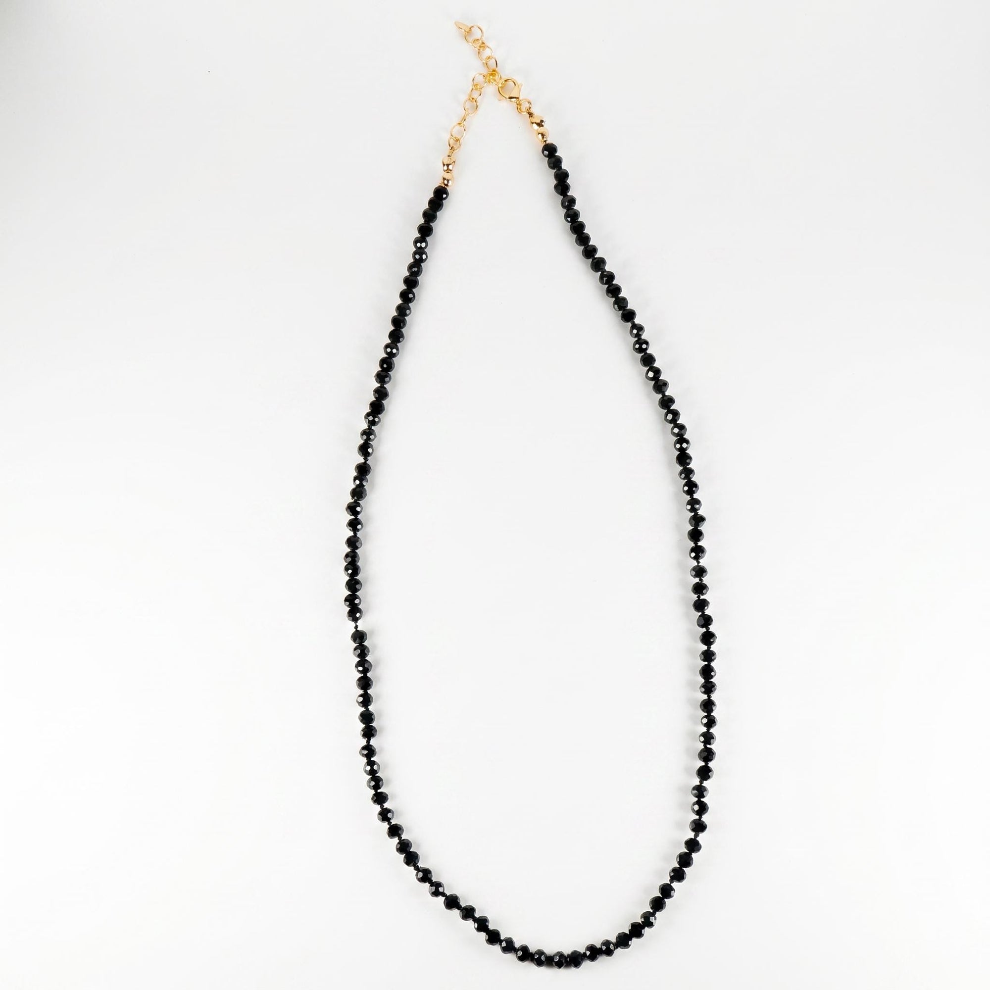 Black Spinel Bead Necklace, 2.5mm Faceted Round Gemstone Strand on Silk, Hand Knotted 17-19 Inch Necklace with Gold Filled Heart Extender