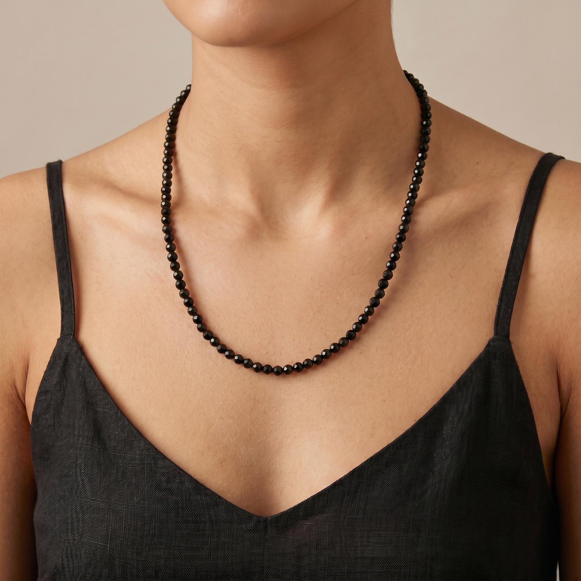Black Spinel Bead Necklace, 2.5mm Faceted Round Gemstone Strand on Silk, Hand Knotted 17-19 Inch Necklace with Gold Filled Heart Extender