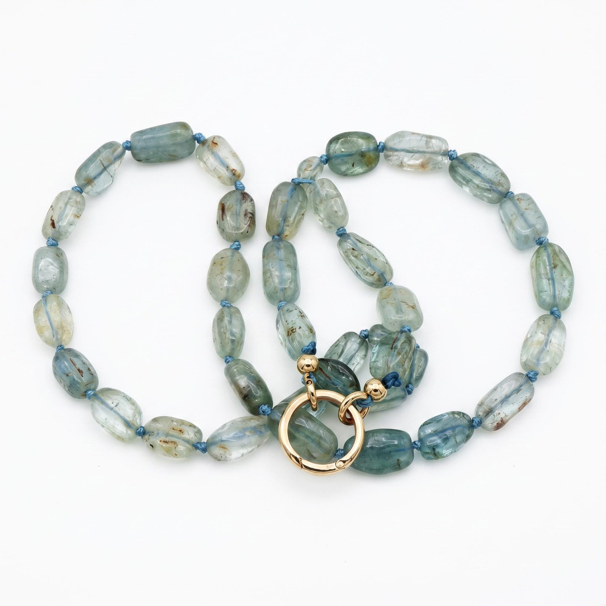 Moss Aquamarine Nugget Necklace, Irregular Smooth Gemstone Beads on Silk, Hand Knotted 18 Inch Strand with Gold Filled Charm Holder