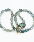 Moss Aquamarine Nugget Necklace, Irregular Smooth Gemstone Beads on Silk, Hand Knotted 18 Inch Strand with Gold Filled Charm Holder