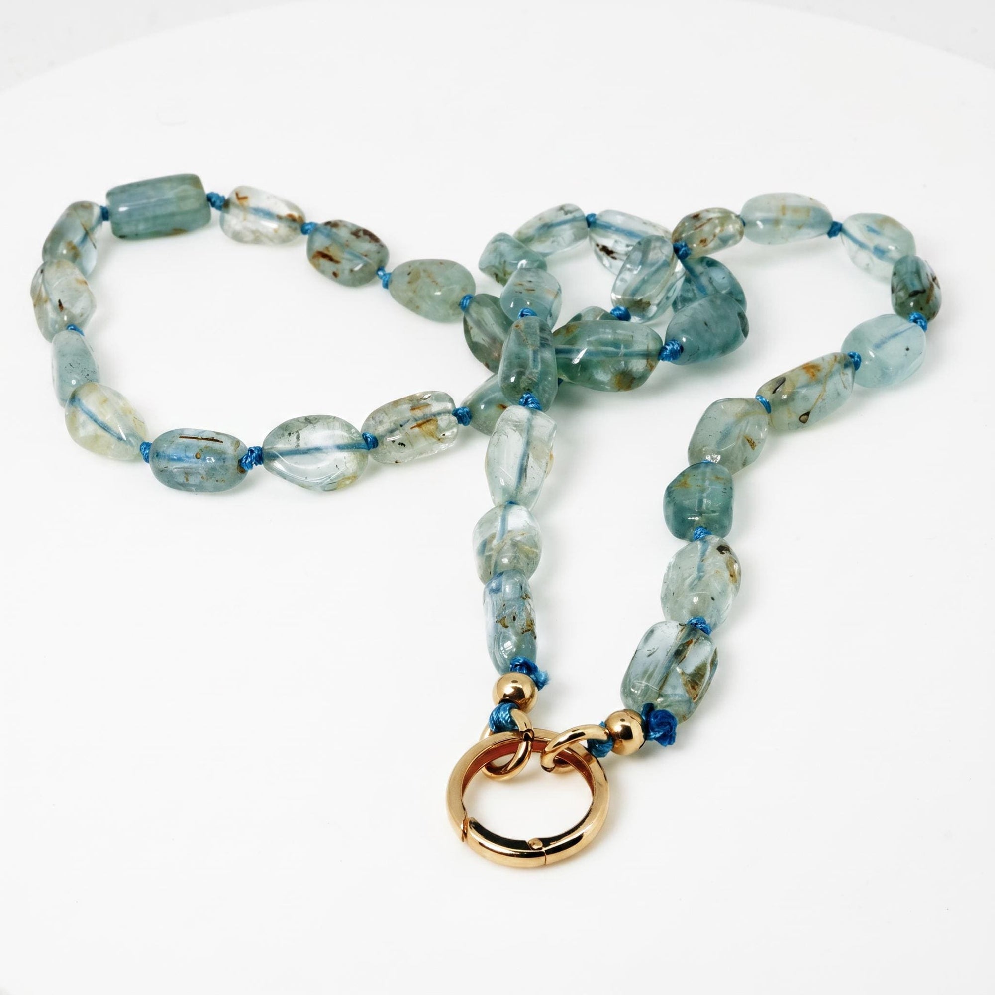 Moss Aquamarine Nugget Necklace, Irregular Smooth Gemstone Beads on Silk, Hand Knotted 18 Inch Strand with Gold Filled Charm Holder