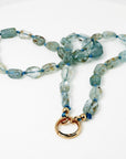 Moss Aquamarine Nugget Necklace, Irregular Smooth Gemstone Beads on Silk, Hand Knotted 18 Inch Strand with Gold Filled Charm Holder