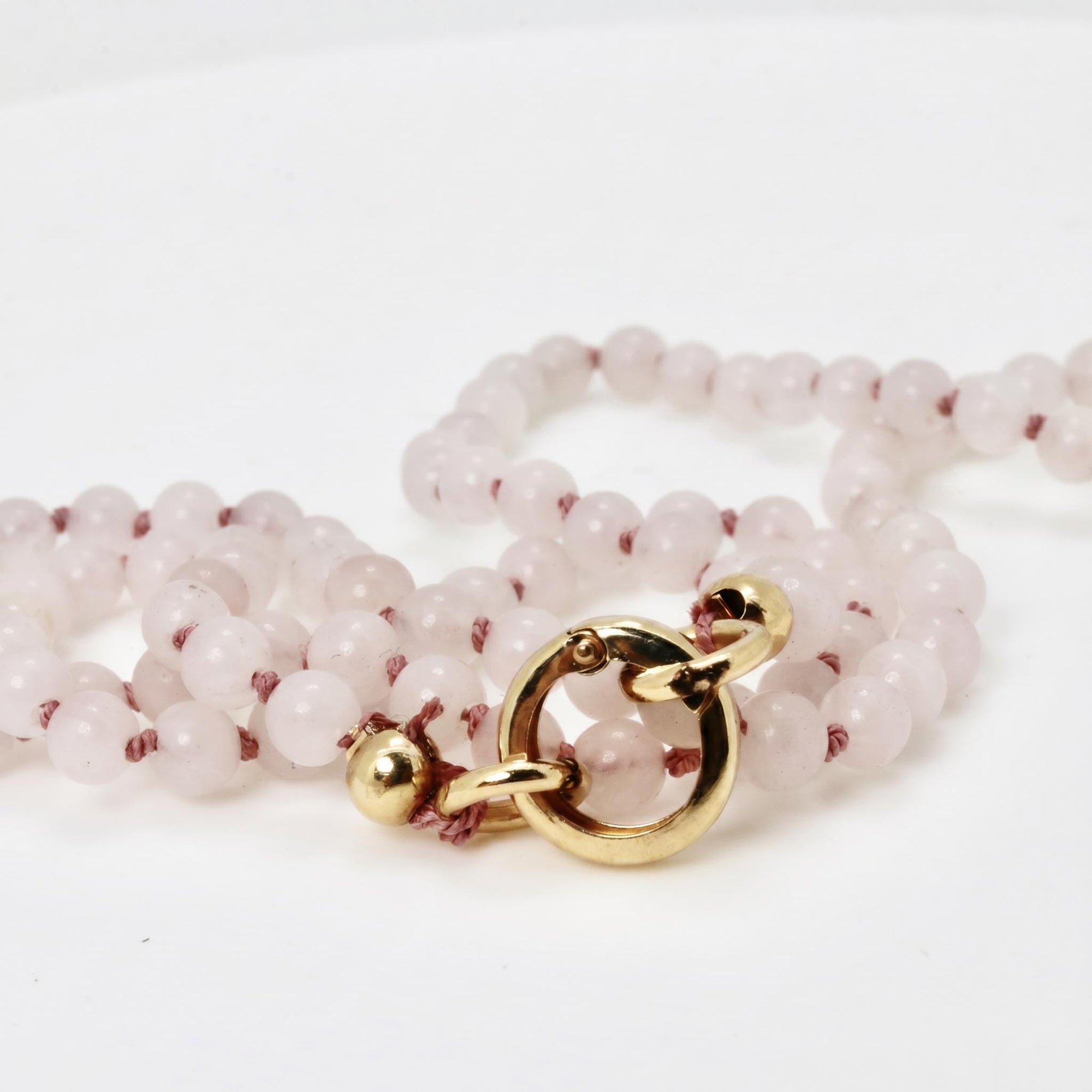Pink Quartz Charm Holder Necklace, 4mm Smooth Round Gemstone Strand on Silk, Hand Knotted 18 Inch Necklace with Gold Filled Clip