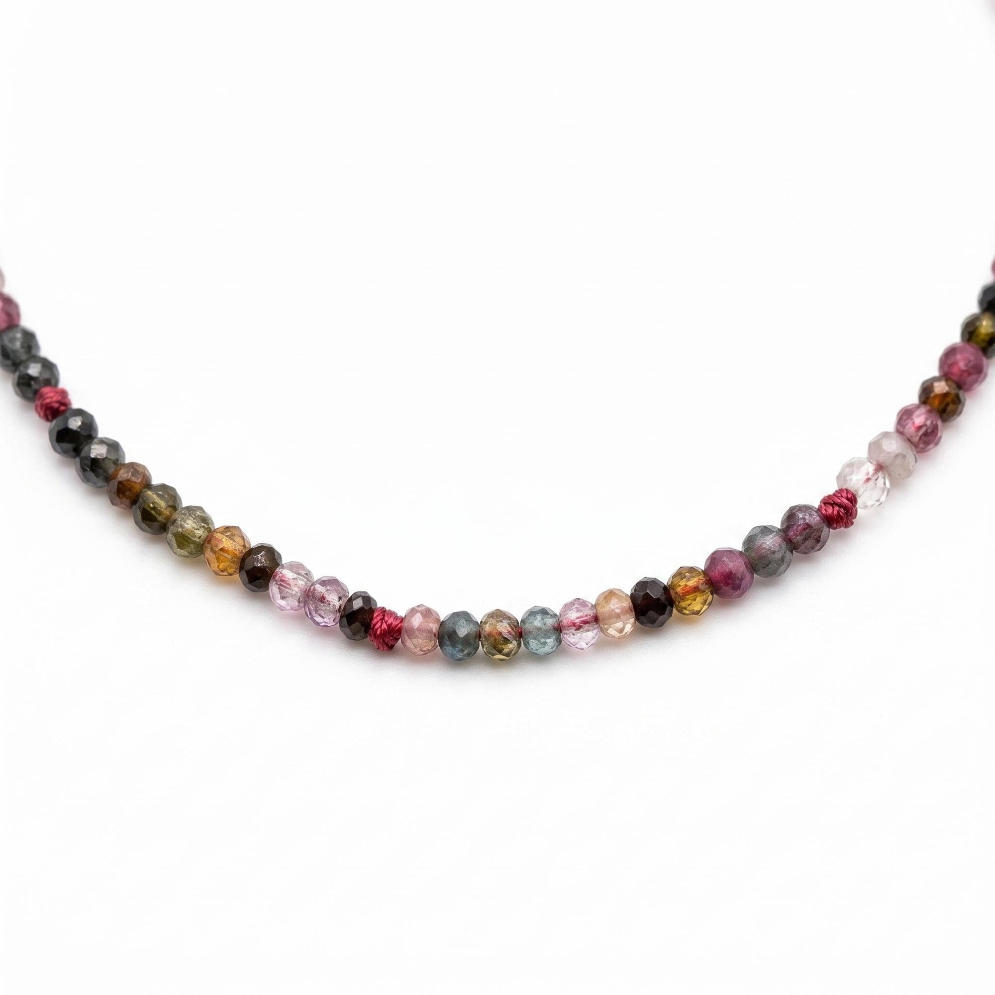 Multi Color Tourmaline Beaded Necklace, Hand Knotted Dark Pink Silk Strand, Gold Filled Clasp and Extender, Colorful Summer Necklace