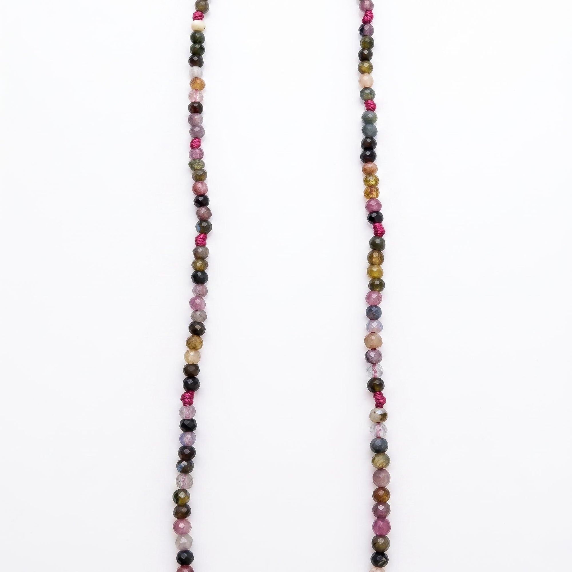 Multi Color Tourmaline Beaded Necklace, Hand Knotted Dark Pink Silk Strand, Gold Filled Clasp and Extender, Colorful Summer Necklace