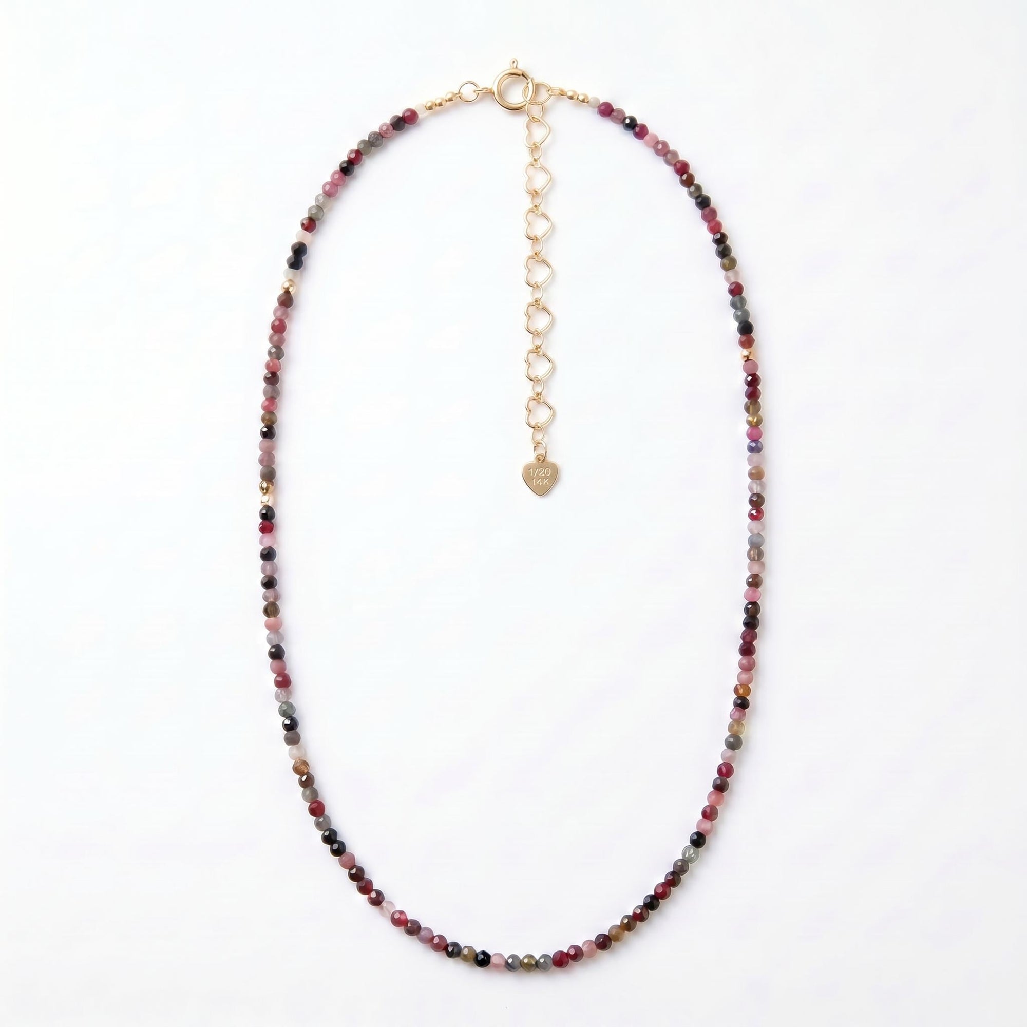 Multi Color Tourmaline Beaded Necklace, Hand Knotted Dark Pink Silk Strand, Gold Filled Clasp and Extender, Colorful Summer Necklace