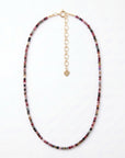 Multi Color Tourmaline Beaded Necklace, Hand Knotted Dark Pink Silk Strand, Gold Filled Clasp and Extender, Colorful Summer Necklace