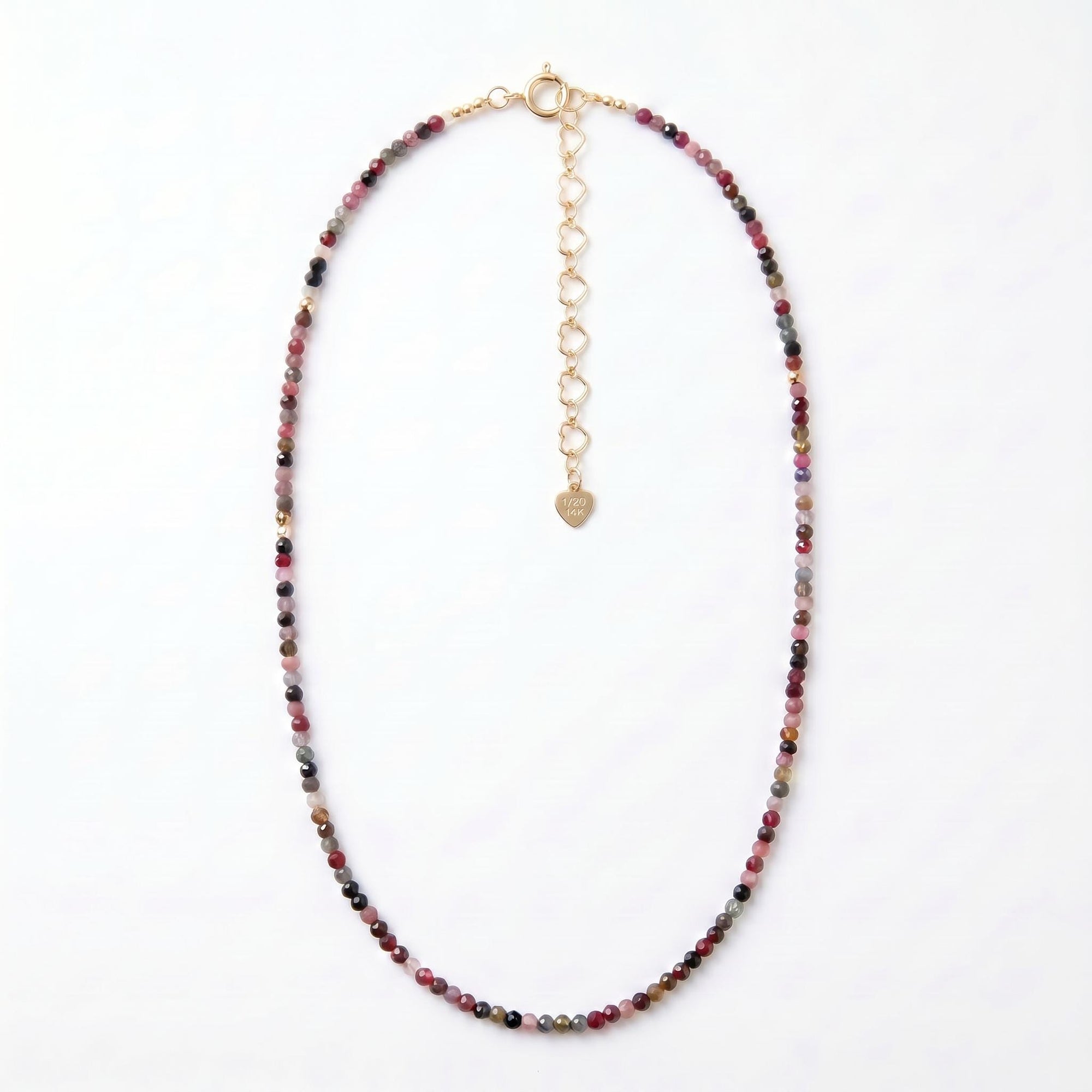Multi Color Tourmaline Beaded Necklace, Hand Knotted Dark Pink Silk Strand - Melt'm Jewelry