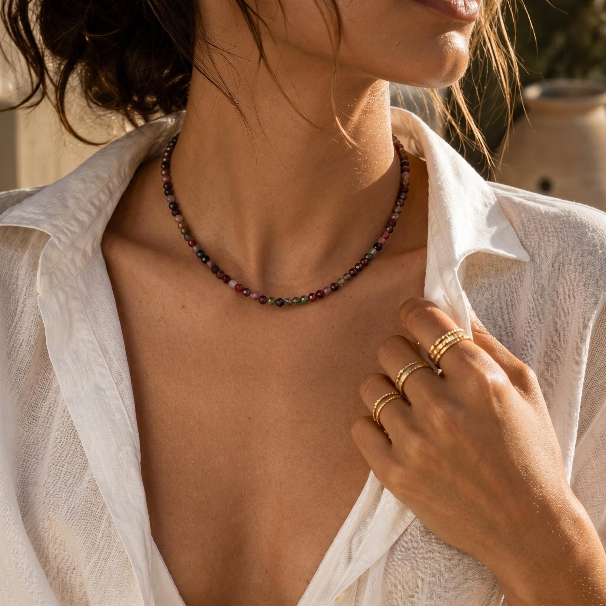 Multi Color Tourmaline Beaded Necklace, Hand Knotted Dark Pink Silk Strand, Gold Filled Clasp and Extender, Colorful Summer Necklace