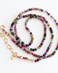 Multi Color Tourmaline Beaded Necklace, Hand Knotted Dark Pink Silk Strand, Gold Filled Clasp and Extender, Colorful Summer Necklace