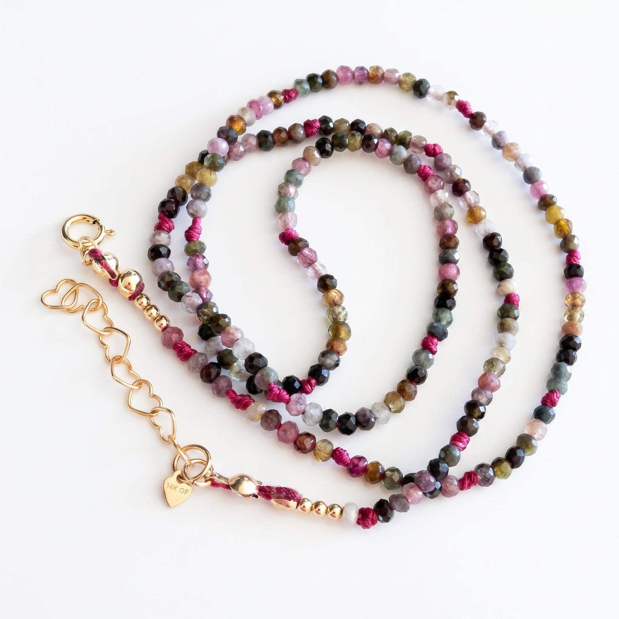 Multi Color Tourmaline Beaded Necklace, Hand Knotted Dark Pink Silk Strand - Melt'm Jewelry