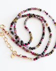 Multi Color Tourmaline Beaded Necklace, Hand Knotted Dark Pink Silk Strand - Melt'm Jewelry