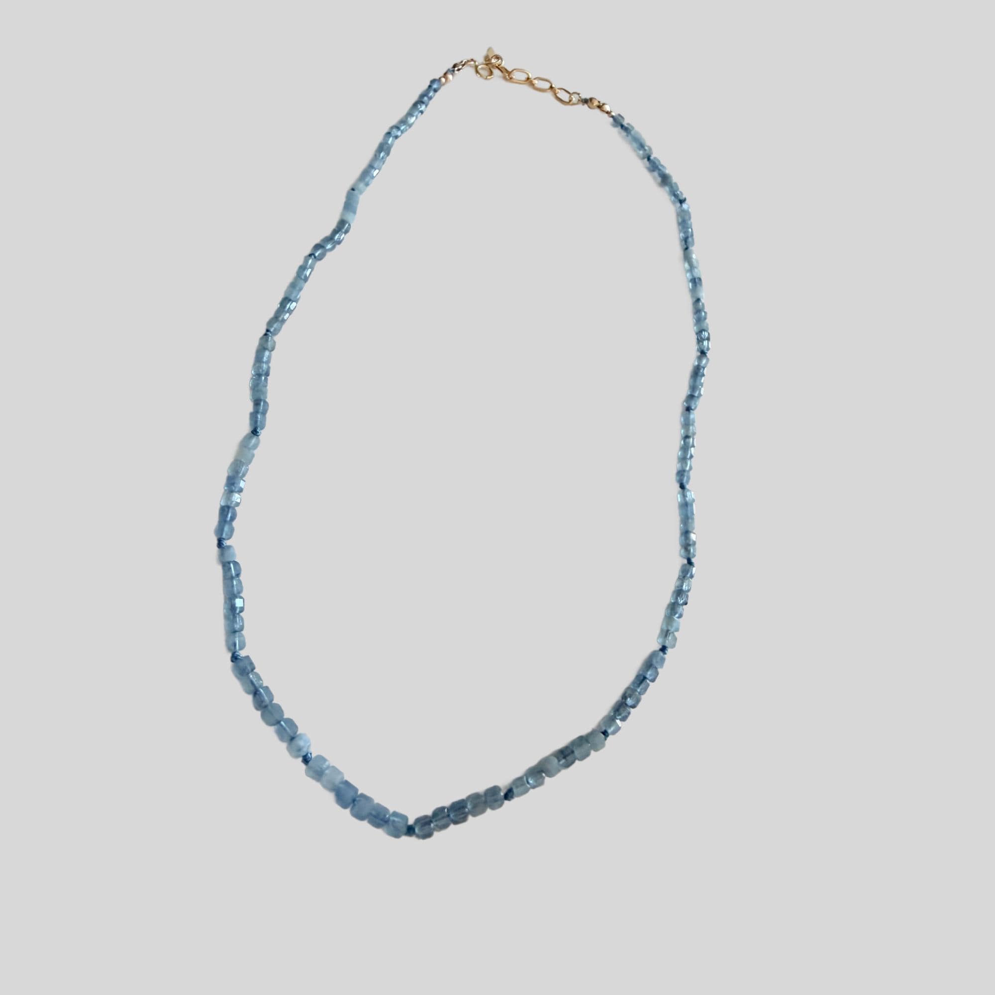 Cube Aquamarine Necklace, 3mm Micro Faceted Beads on Navy Silk, Hand Knotted 18 Inch Strand with Gold Filled Extender, Optional Opal Charm - Melt'm Jewelry