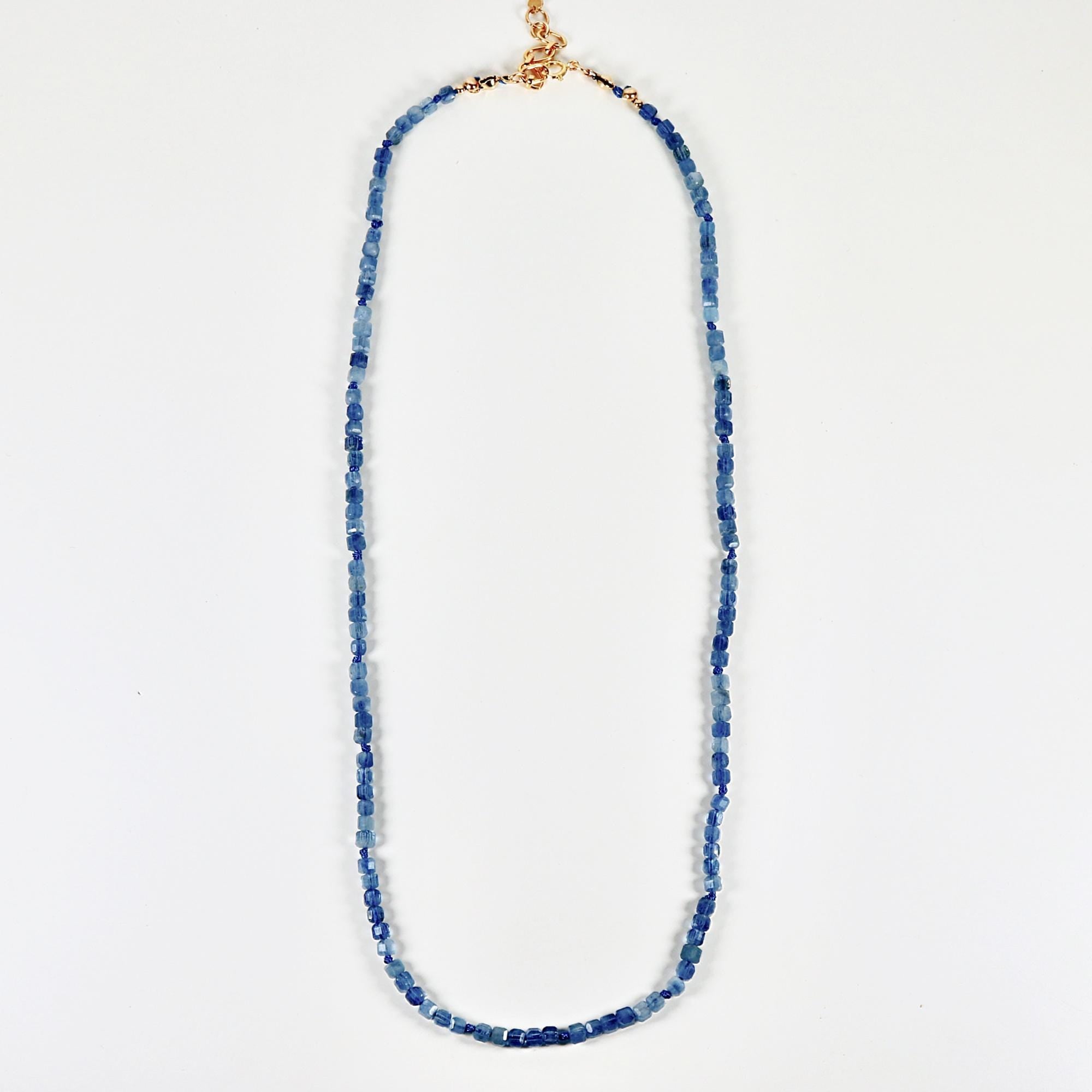 Cube Aquamarine Necklace, 3mm Micro Faceted Beads on Navy Silk, Hand Knotted 18 Inch Strand with Gold Filled Extender, Optional Opal Charm - Melt'm Jewelry