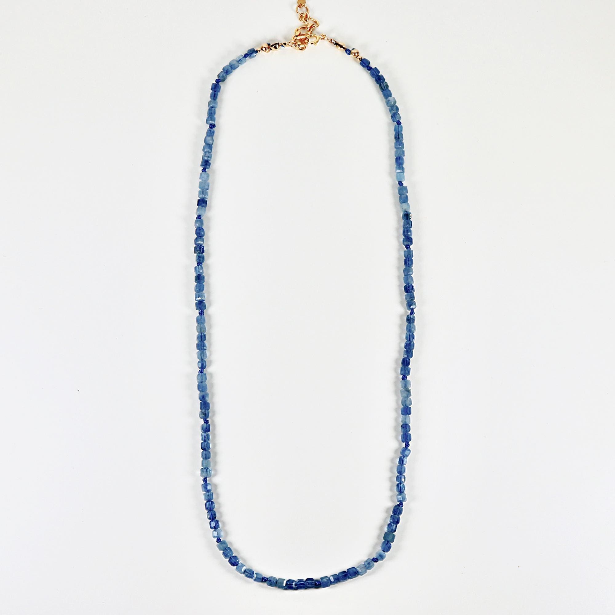 Cube Aquamarine Necklace, 3mm Micro Faceted Beads on Navy Silk, Hand Knotted 18 Inch Strand with Gold Filled Extender, Optional Opal Charm