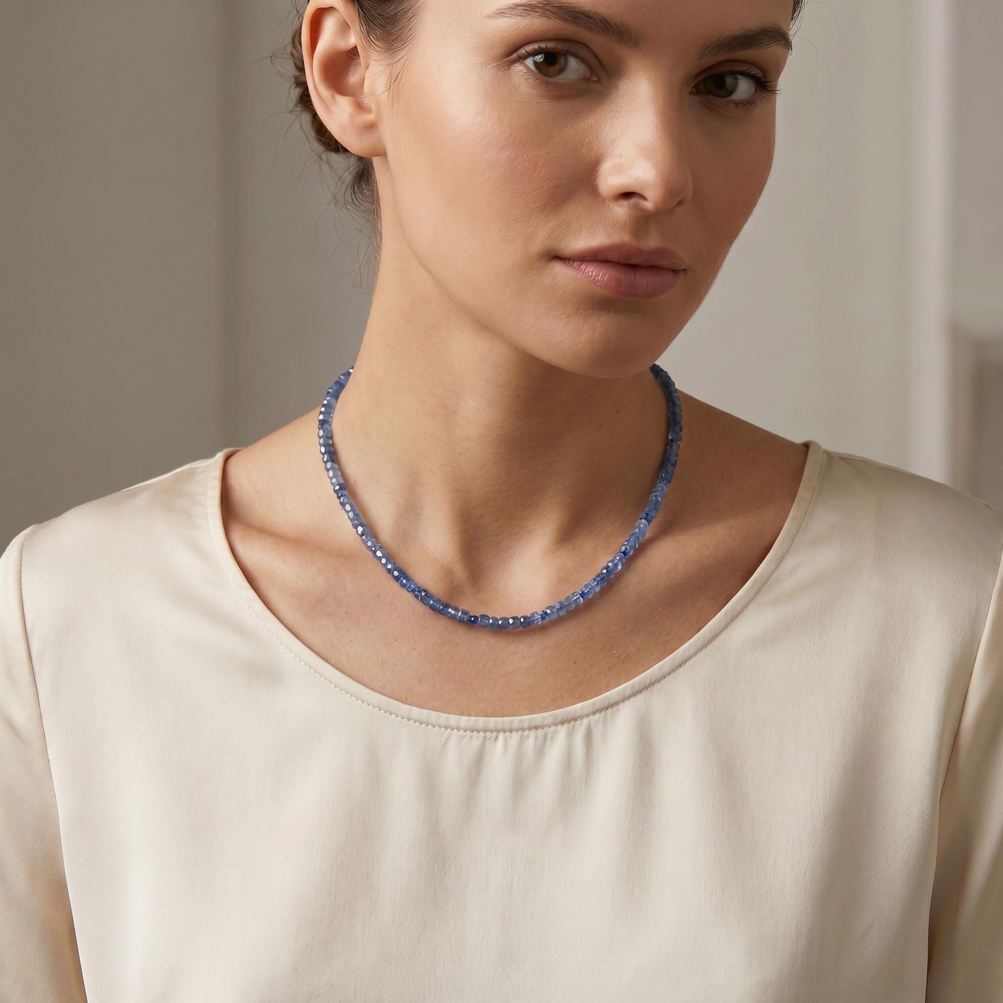 Cube Aquamarine Necklace, 3mm Micro Faceted Beads on Navy Silk, Hand Knotted 18 Inch Strand with Gold Filled Extender, Optional Opal Charm