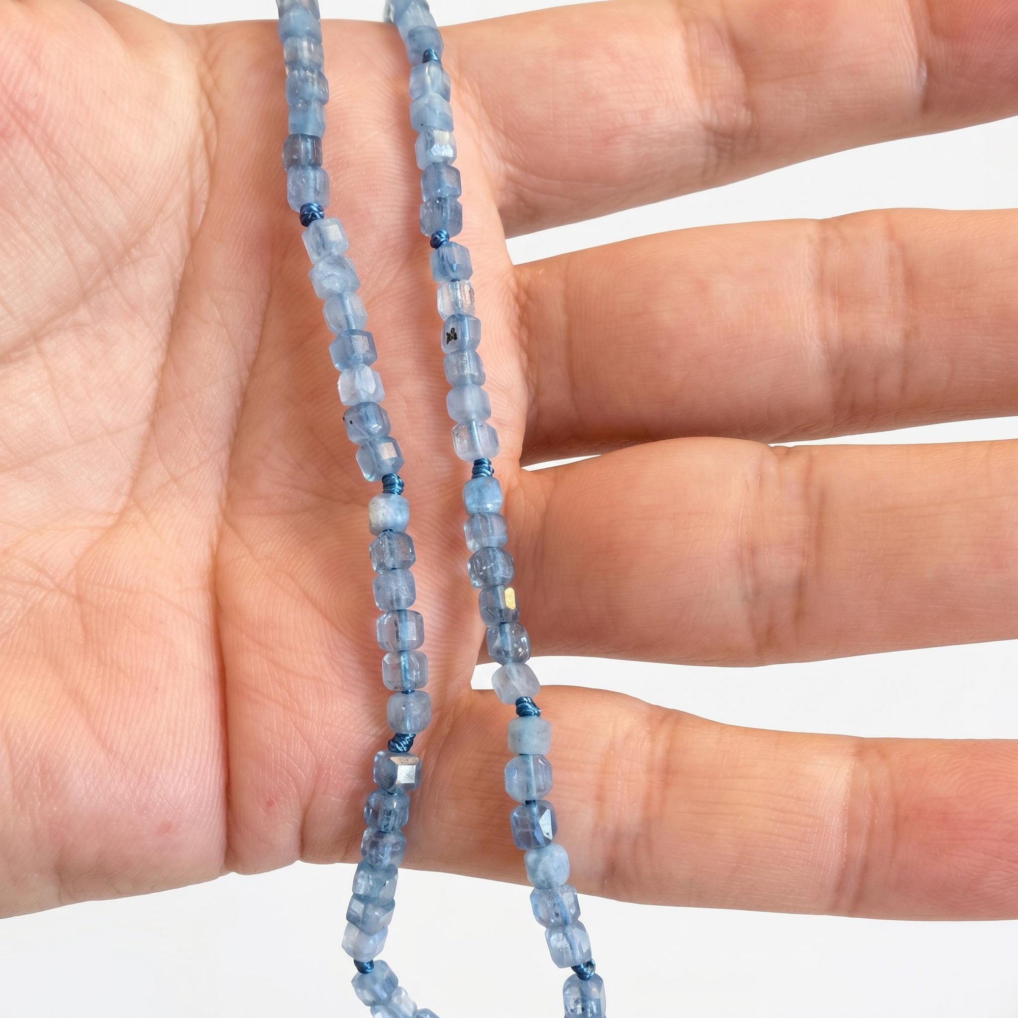 Cube Aquamarine Necklace, 3mm Micro Faceted Beads on Navy Silk, Hand Knotted 18 Inch Strand with Gold Filled Extender, Optional Opal Charm - Melt'm Jewelry