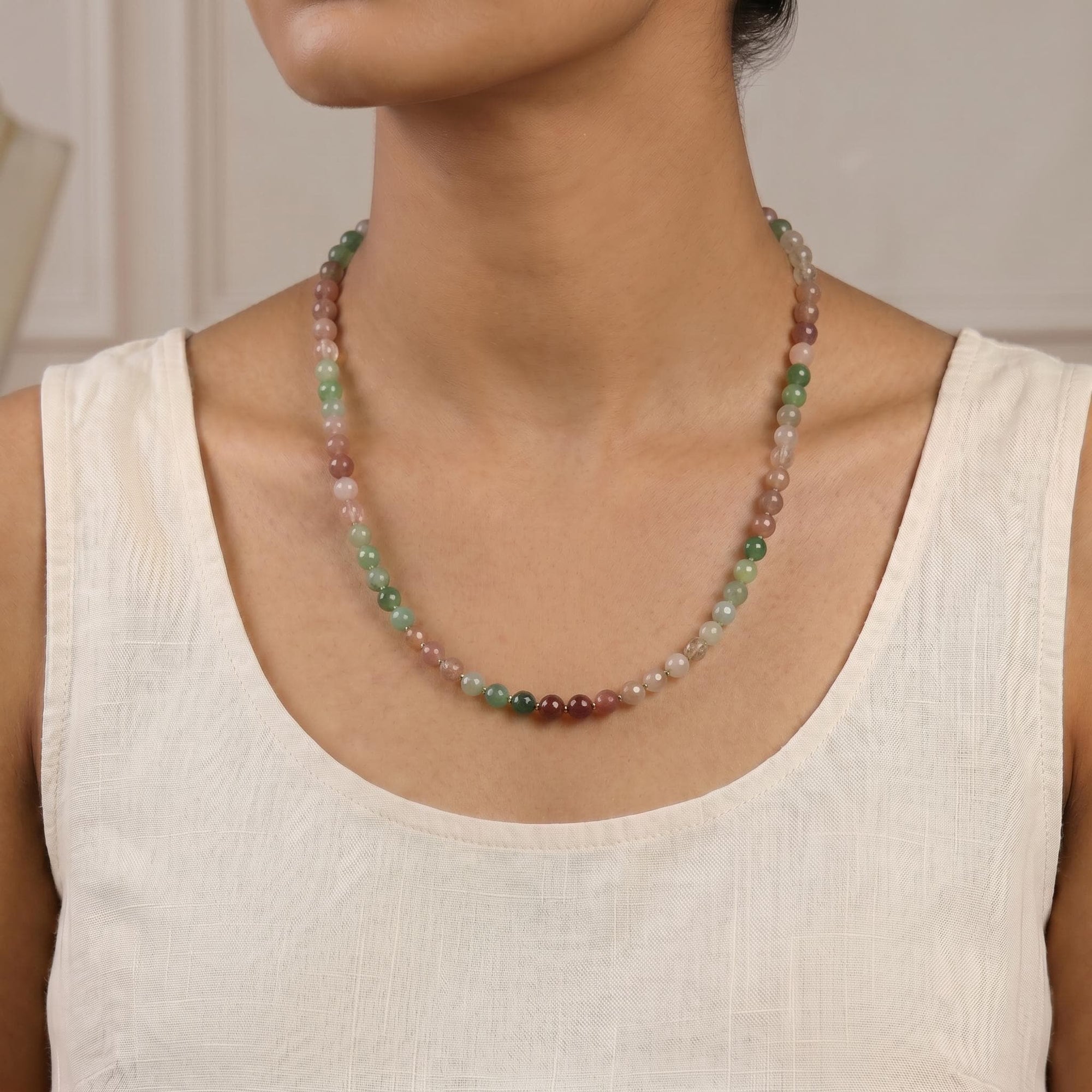 Strawberry Quartz Necklace, Pink Green Ombre Gemstone Beaded Choker, Hand Knotted Silk Gold Filled Necklace, Crystal Gift for Her - Melt'm Jewelry