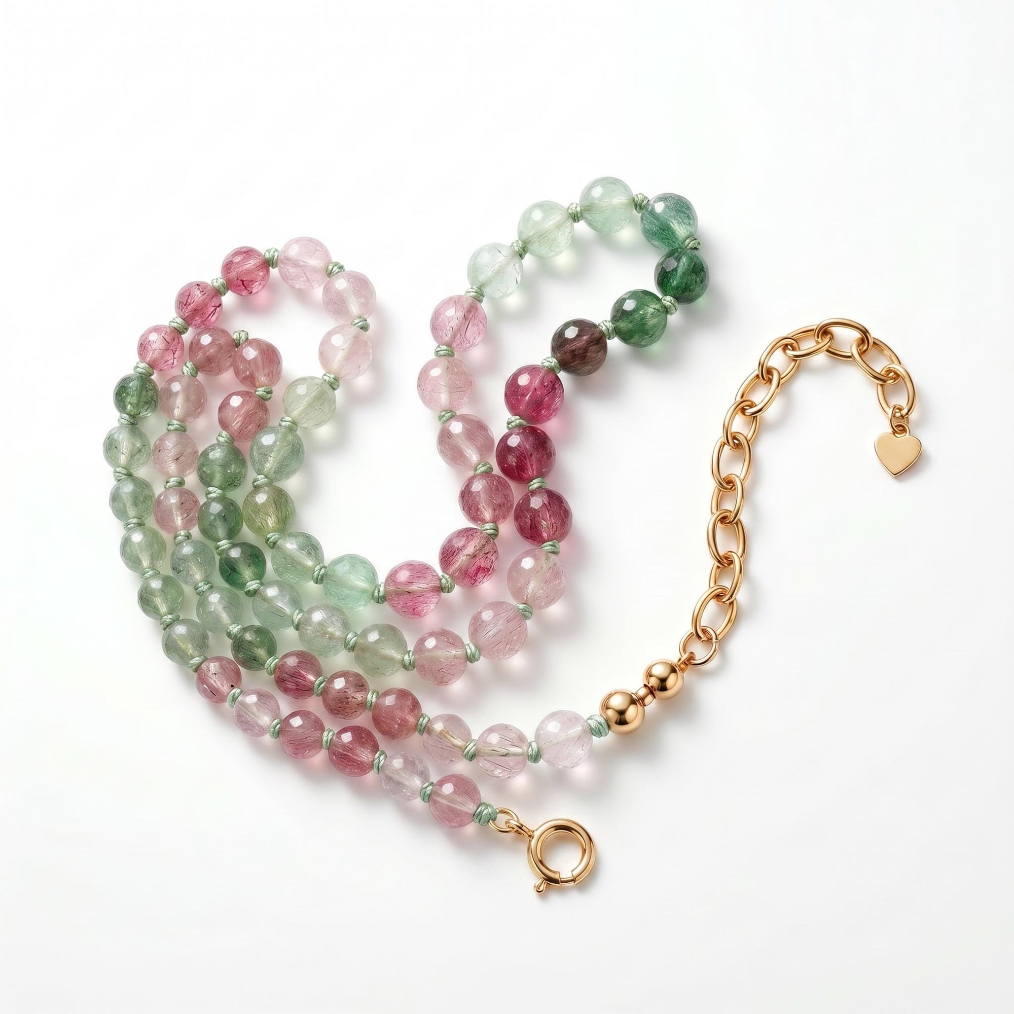 Strawberry Quartz Necklace, Pink Green Ombre Gemstone Beaded Choker, Hand Knotted Silk Gold Filled Necklace, Crystal Gift for Her - Melt'm Jewelry