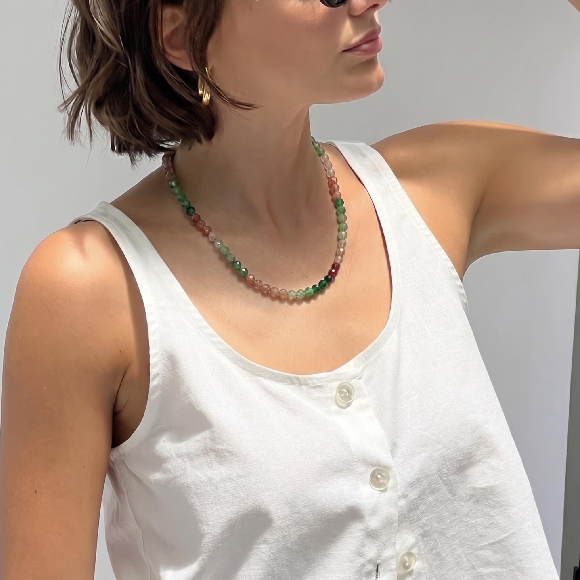 Strawberry Quartz Necklace, Pink Green Ombre Gemstone Beaded Choker, Hand Knotted Silk Gold Filled Necklace, Crystal Gift for Her - Melt'm Jewelry