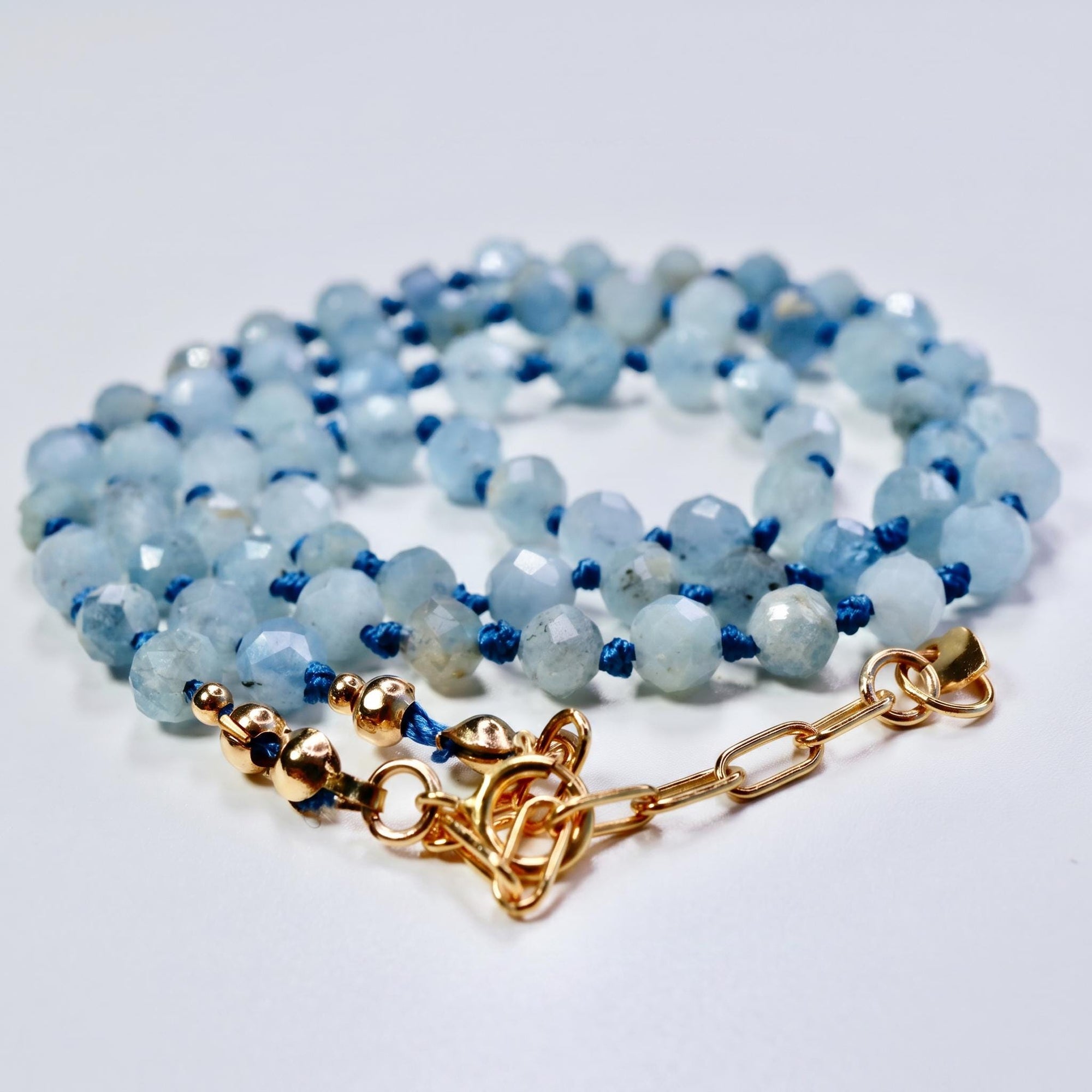 Aquamarine Silk Hand Knotted Necklace, Faceted 4mm Moss Aquamarine Choker with Gold Filled Extender, 16-18 inch