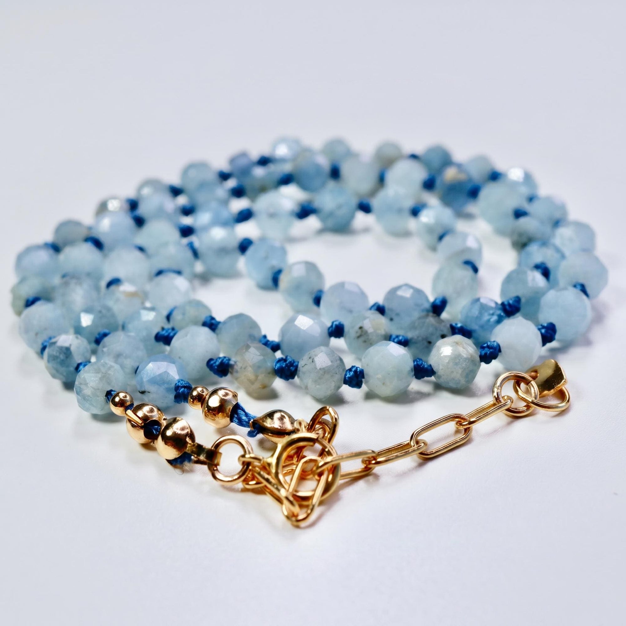 Aquamarine Silk Hand Knotted Necklace, Faceted 4mm Moss Aquamarine Choker with Gold Filled Extender, 16-18 inch - Melt'm Jewelry