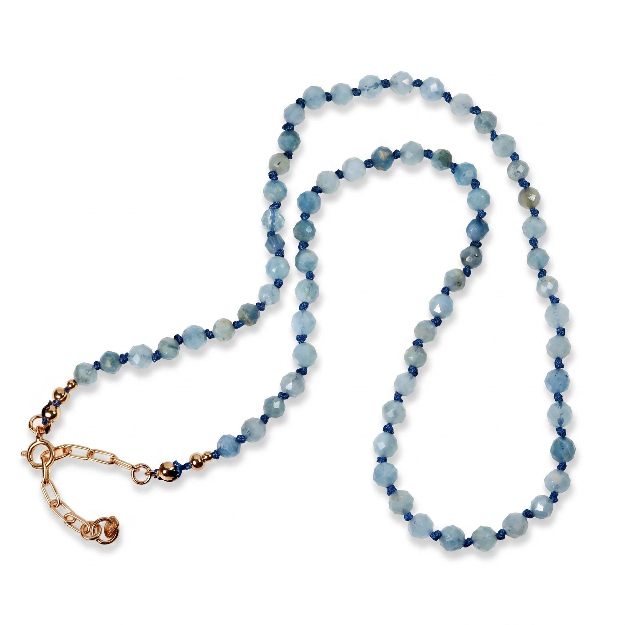Aquamarine Silk Hand Knotted Necklace, Faceted 4mm Moss Aquamarine Choker with Gold Filled Extender, 16-18 inch