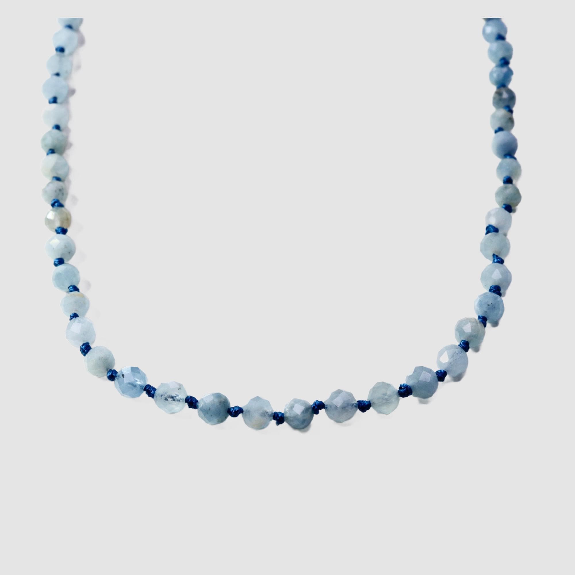 Aquamarine Silk Hand Knotted Necklace, Faceted 4mm Moss Aquamarine Choker with Gold Filled Extender, 16-18 inch - Melt'm Jewelry