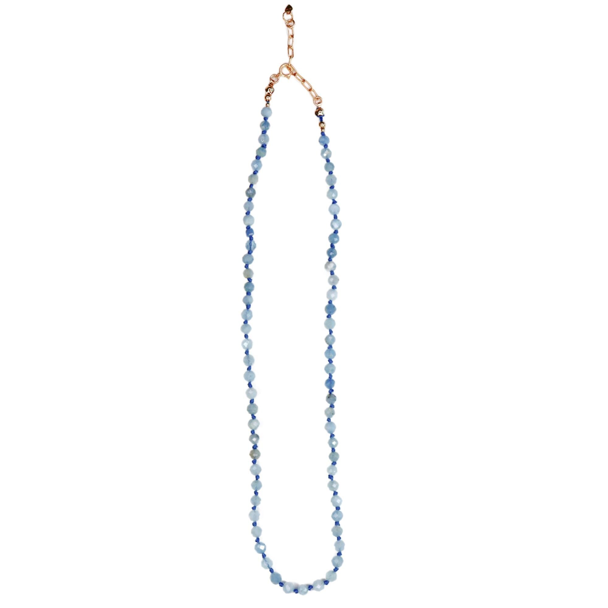 Aquamarine Silk Hand Knotted Necklace, Faceted 4mm Moss Aquamarine Choker with Gold Filled Extender, 16-18 inch - Melt'm Jewelry