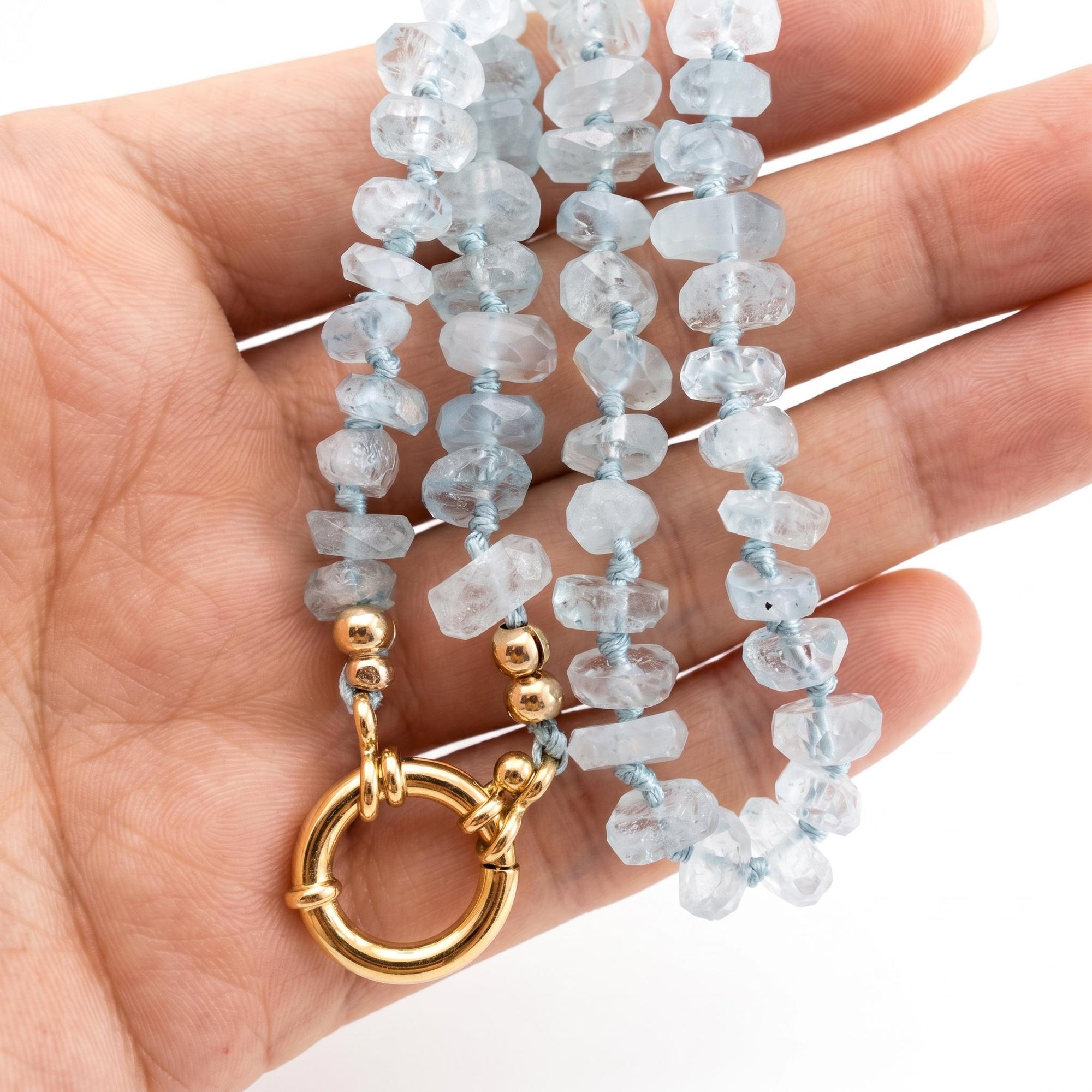 Aquamarine Hand Knotted Silk Necklace, Faceted Rondelle Beads, Charm Holder Necklace with Gold Filled Clasp, 18 Inch - Melt'm Jewelry
