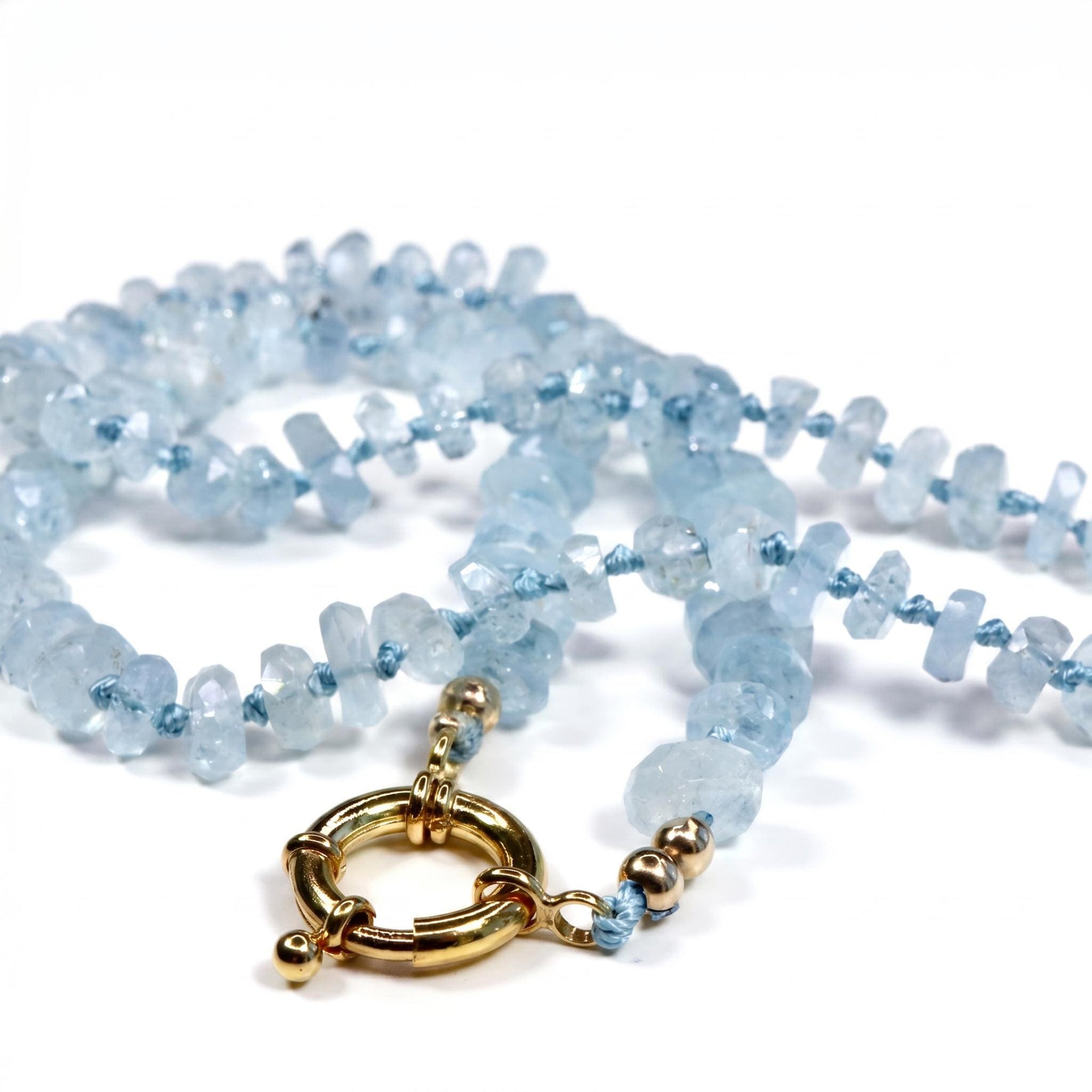 Aquamarine Hand Knotted Silk Necklace, Faceted Rondelle Beads, Charm Holder Necklace with Gold Filled Clasp, 18 Inch - Melt'm Jewelry