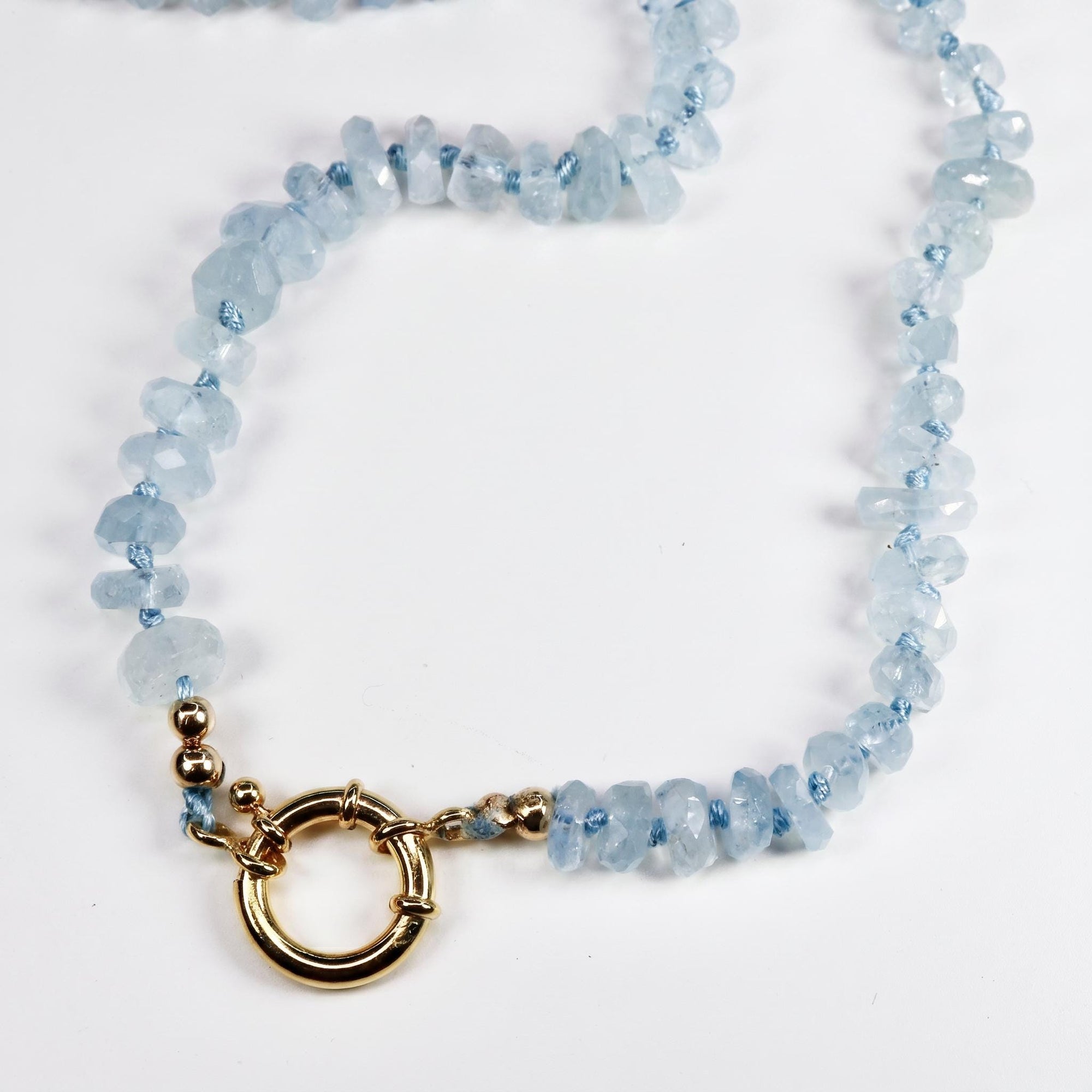 Aquamarine Hand Knotted Silk Necklace, Faceted Rondelle Beads, Charm Holder Necklace with Gold Filled Clasp, 18 Inch - Melt'm Jewelry