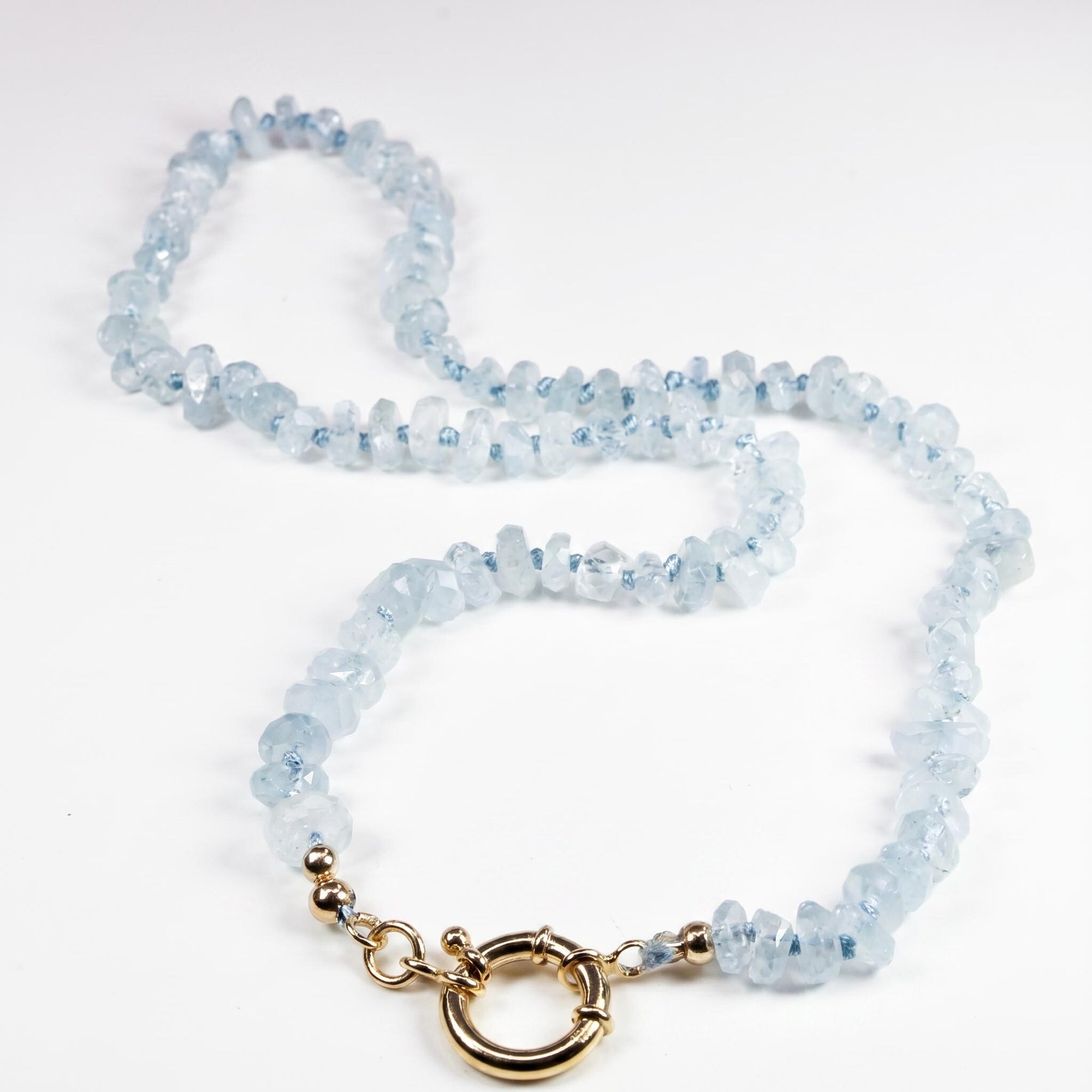 Aquamarine Hand Knotted Silk Necklace, Faceted Rondelle Beads, Charm Holder Necklace with Gold Filled Clasp, 18 Inch - Melt'm Jewelry