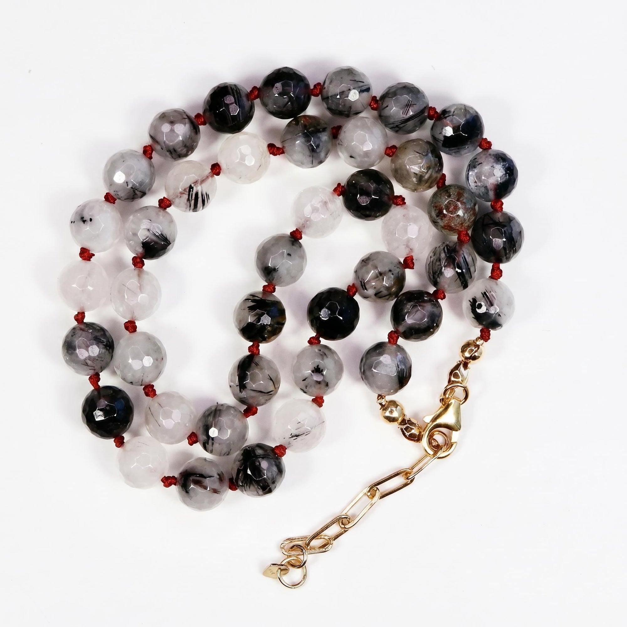 Black Rutilated Quartz Necklace, Hand Knotted Red Silk Strand, Gold Filled Clasp and Extender, 17 Inch