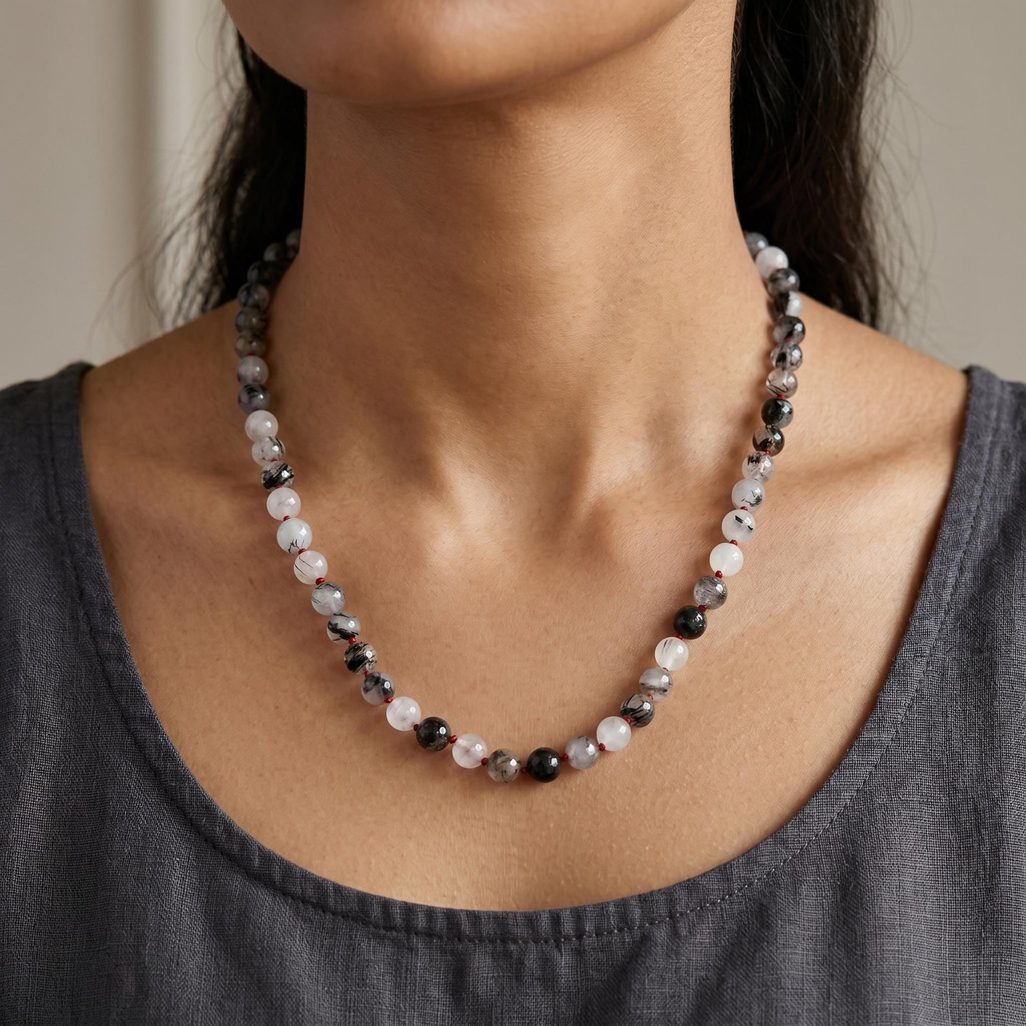 Black Rutilated Quartz Necklace, Hand Knotted Red Silk Strand, Gold Filled Clasp and Extender, 17 Inch