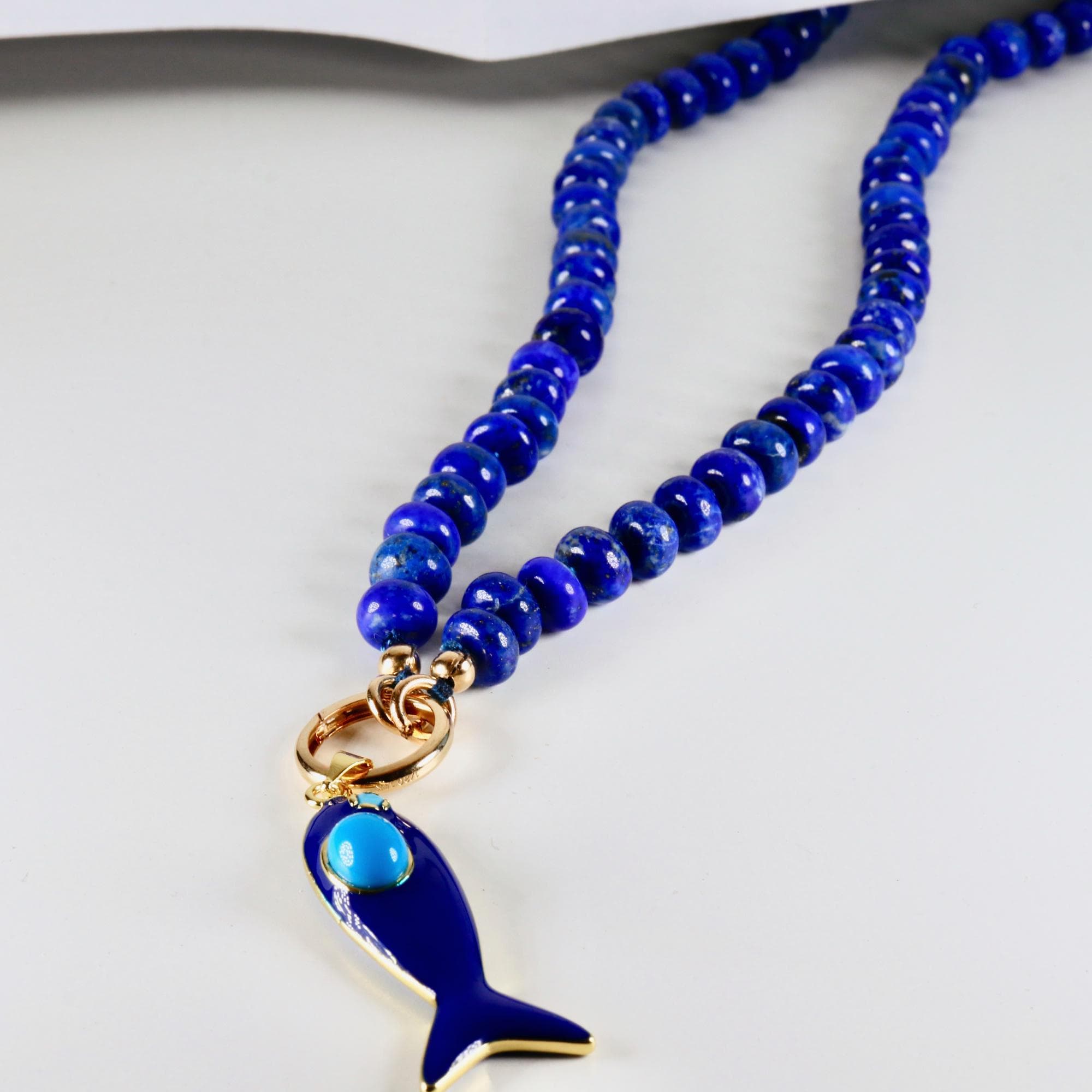 Lapis Lazuli Necklace, Silk Hand Knotted Gemstone Strand with Gold Filled Charm Holder Clasp, 18 Inch